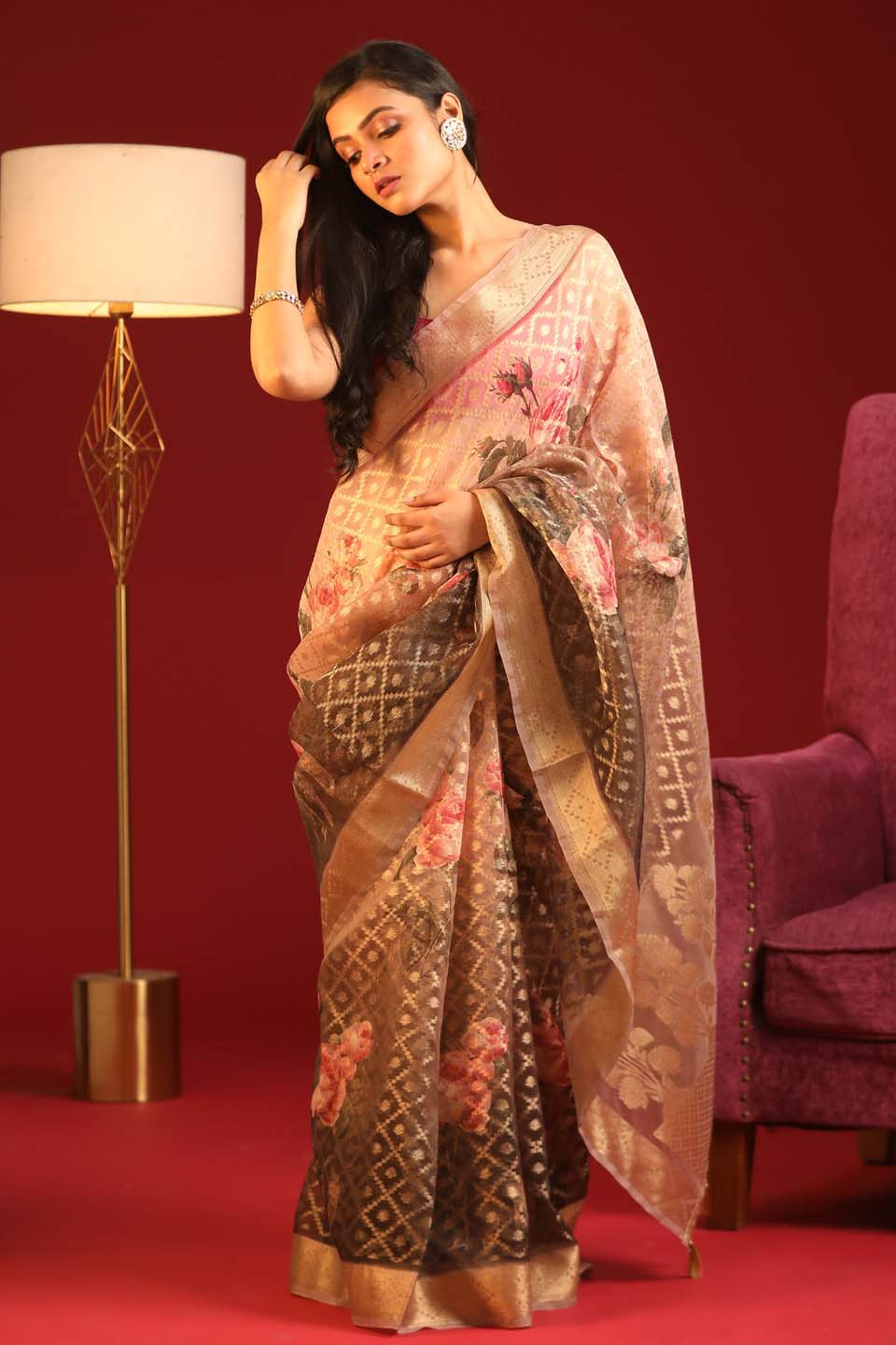 Indethnic Banarasi Pink Ombre Printed Party Wear Saree - View 1