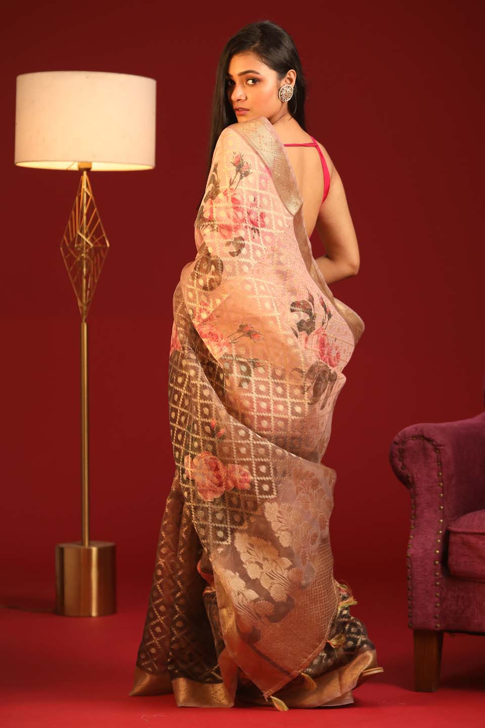 Indethnic Banarasi Pink Ombre Printed Party Wear Saree - View 3