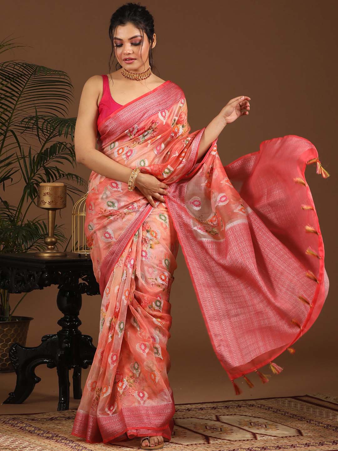 Indethnic Banarasi Pink Abstract Printed Party Wear Saree - View 1