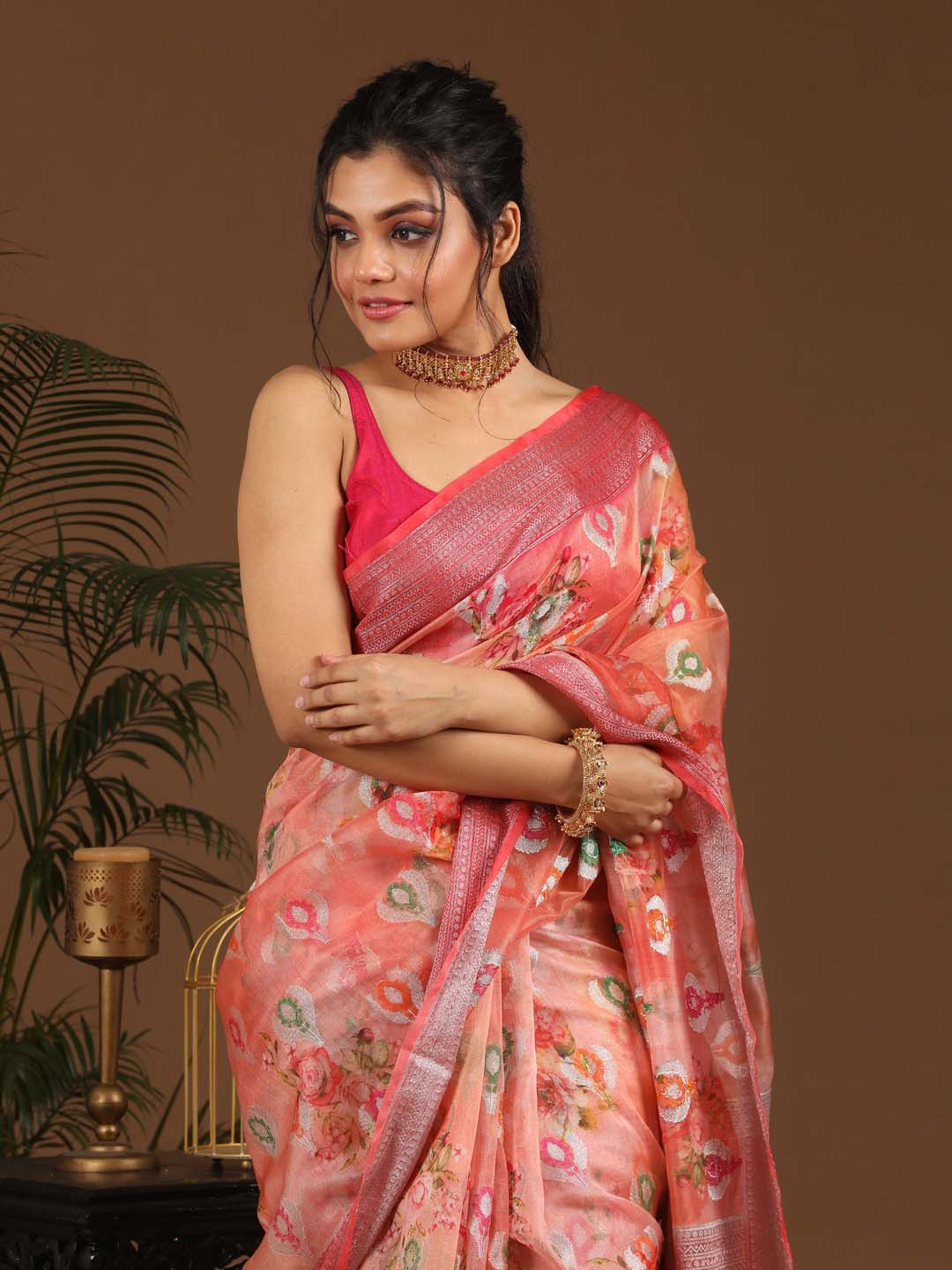 Indethnic Banarasi Pink Abstract Printed Party Wear Saree - View 2