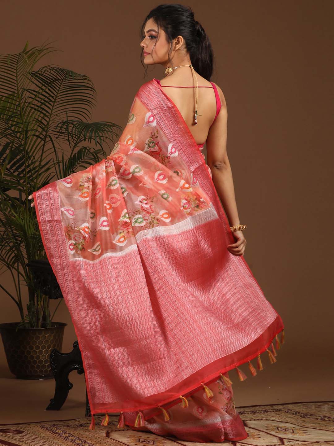 Indethnic Banarasi Pink Abstract Printed Party Wear Saree - View 3