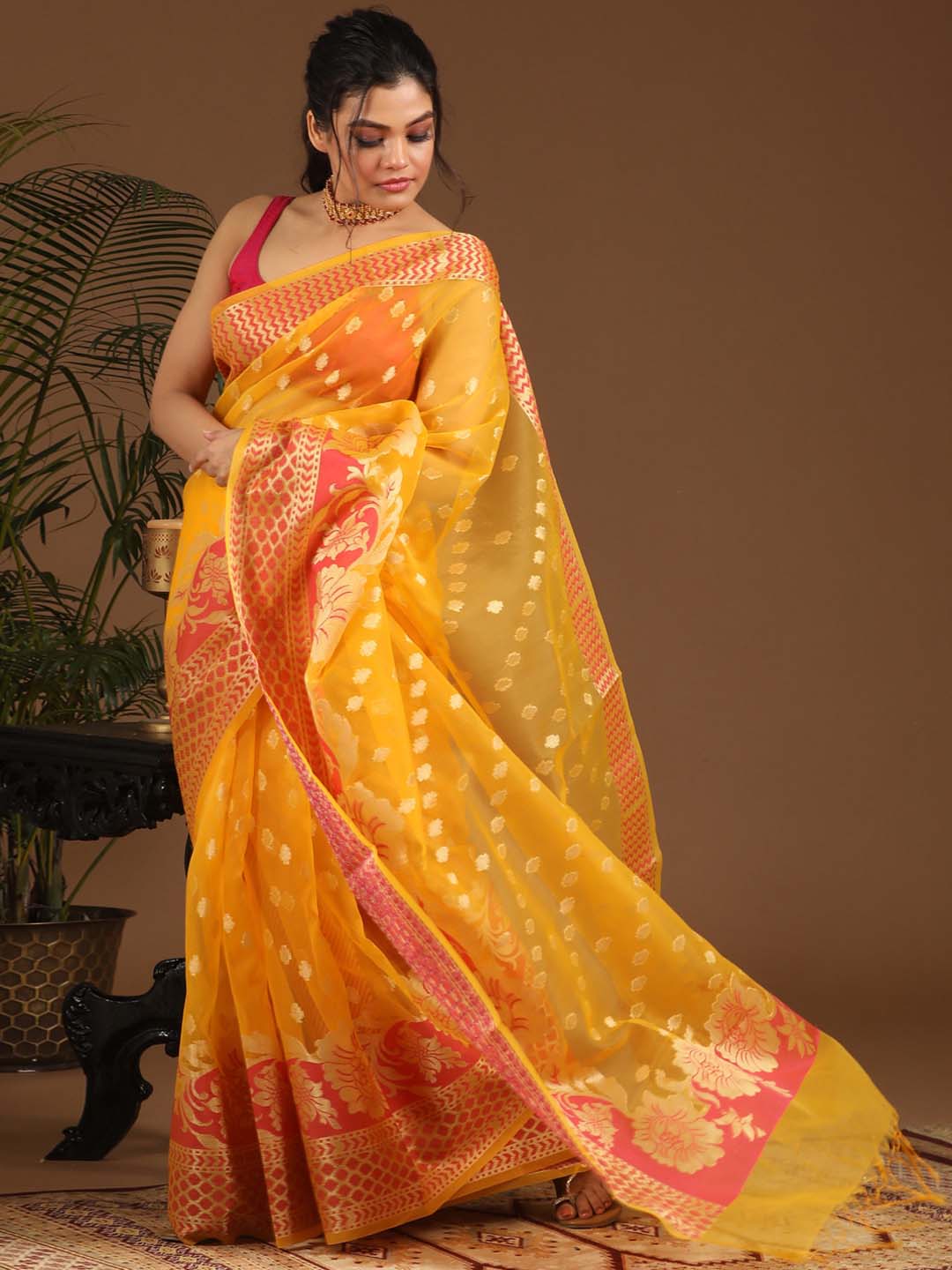 Indethnic Banarasi Yellow Ethnic Motifs Woven Design Traditional Wear Saree - View 1