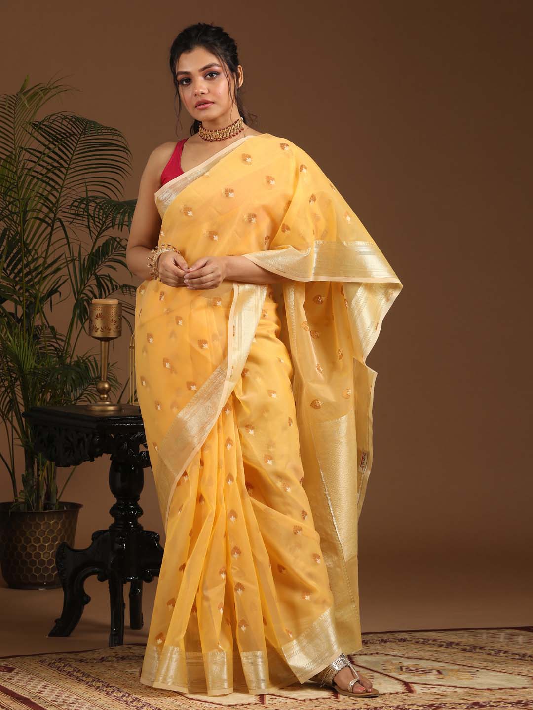 Indethnic Banarasi Yellow Ethnic Motifs Woven Design Traditional Wear Saree - View 1