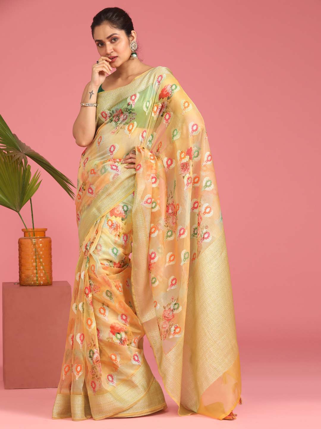 Indethnic Banarasi Yellow Abstract Printed Party Wear Saree - View 1