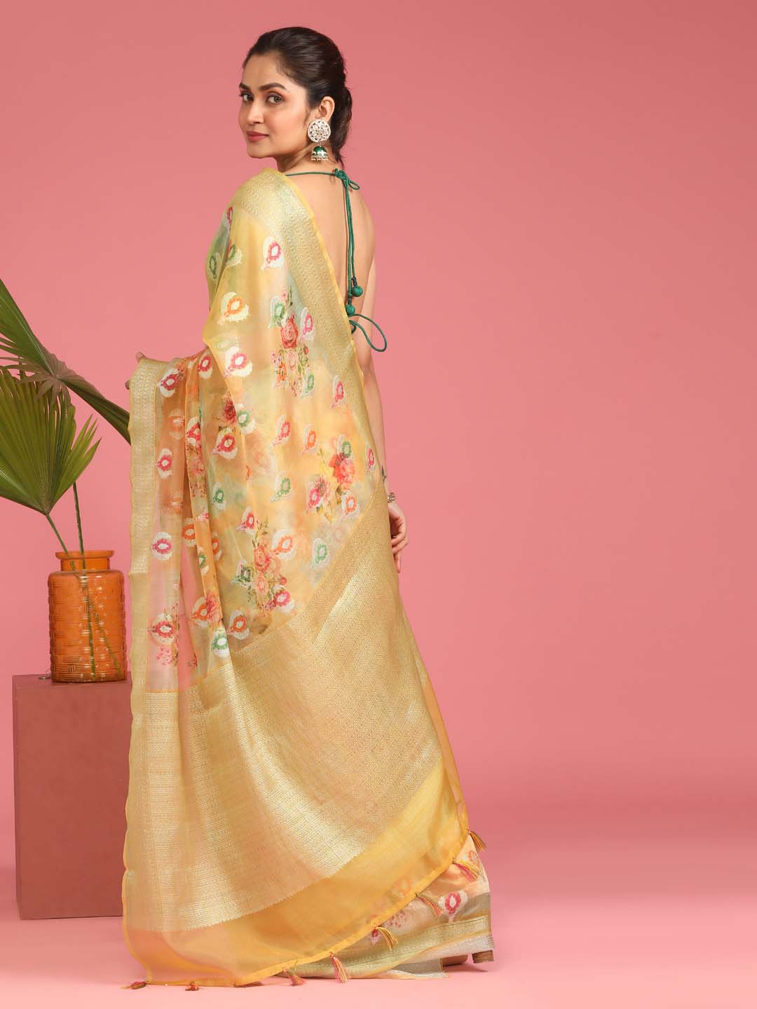 Indethnic Banarasi Yellow Abstract Printed Party Wear Saree - View 3