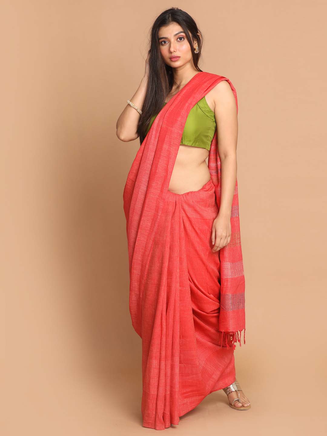 Indethnic Banarasi Red Solid Daily Wear Saree - View 1