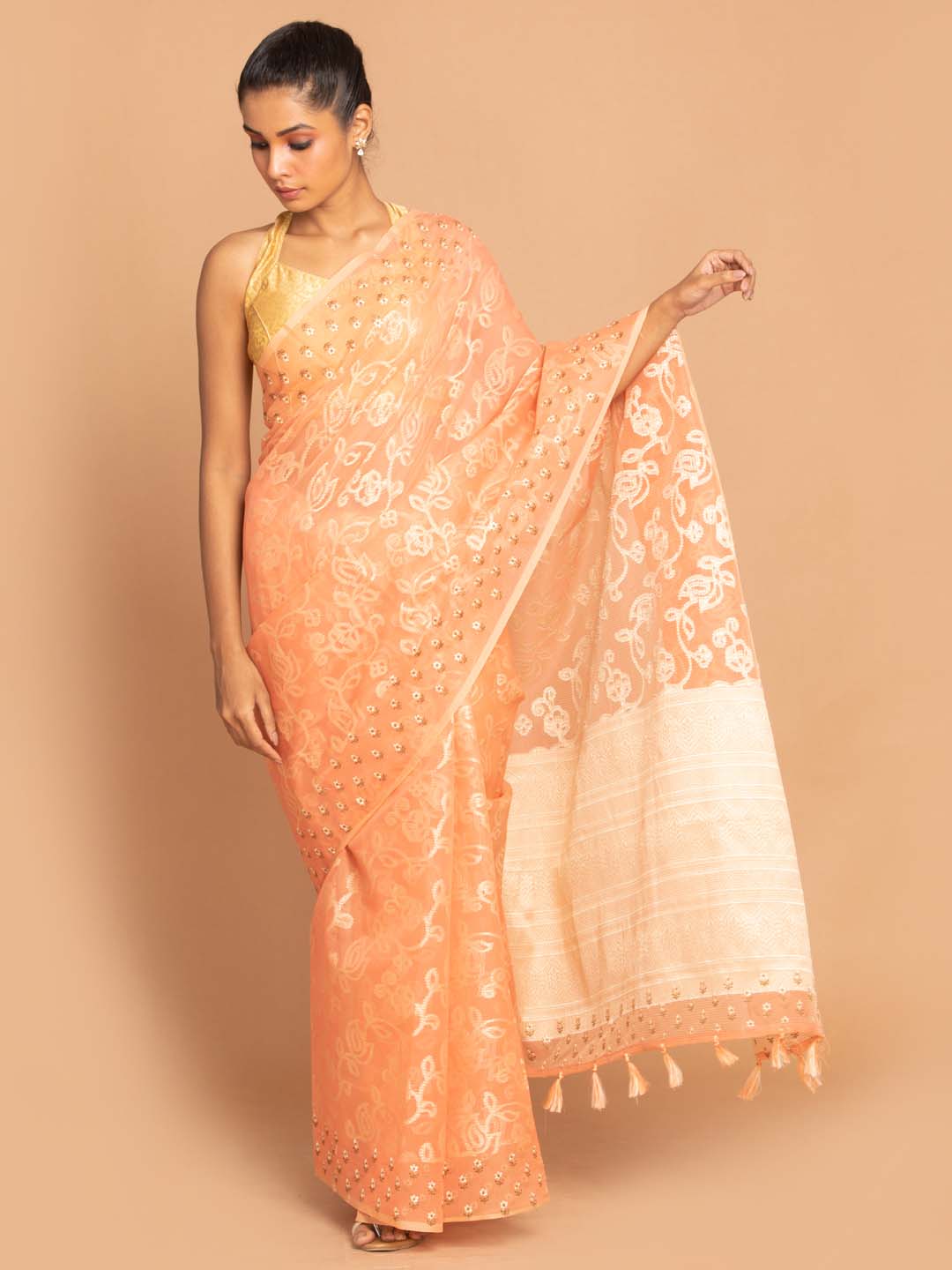 Indethnic Banarasi Coral Woven Design Daily Wear Saree - View 1