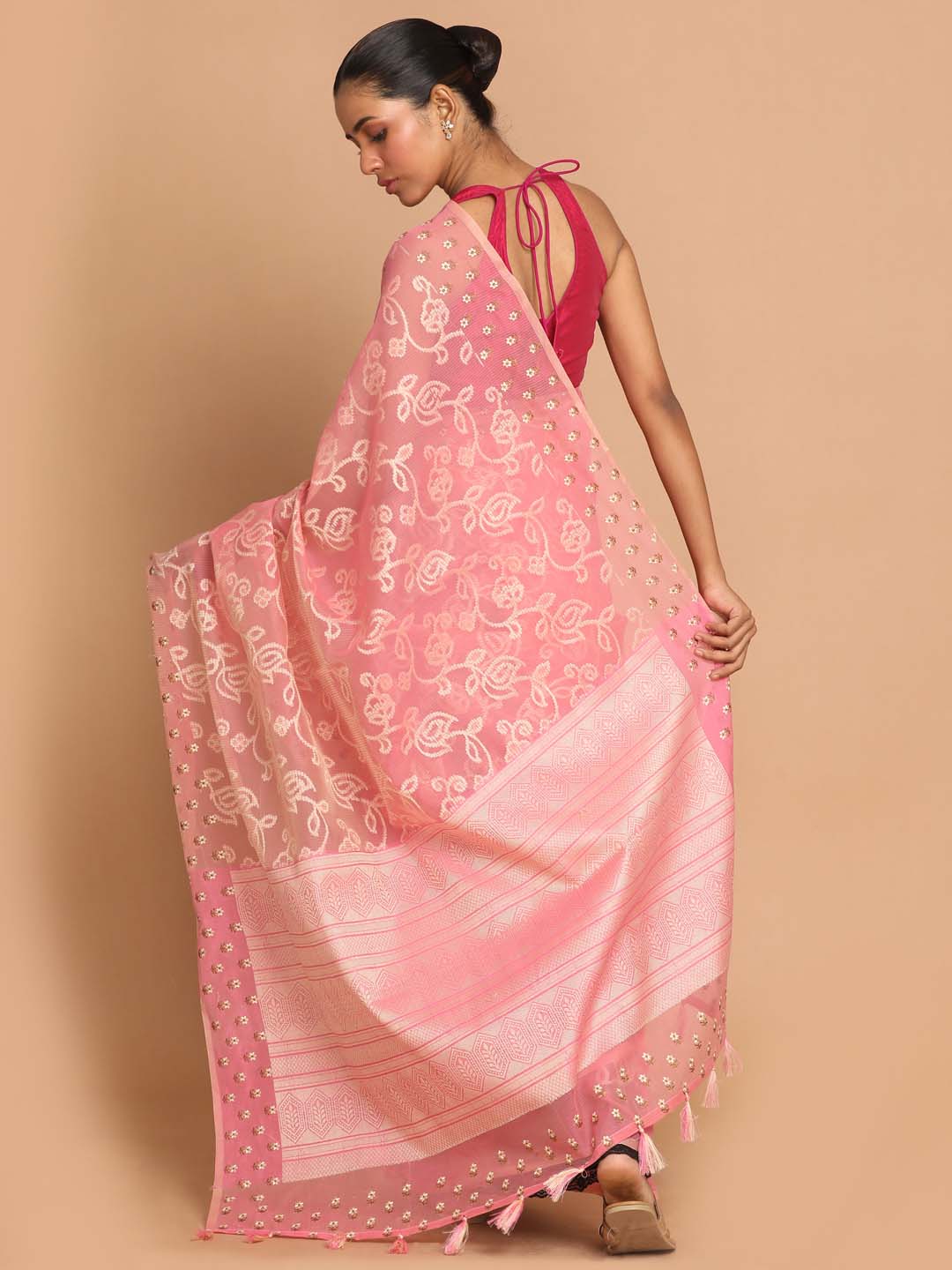 Indethnic Banarasi Pink Woven Design Daily Wear Saree - View 3