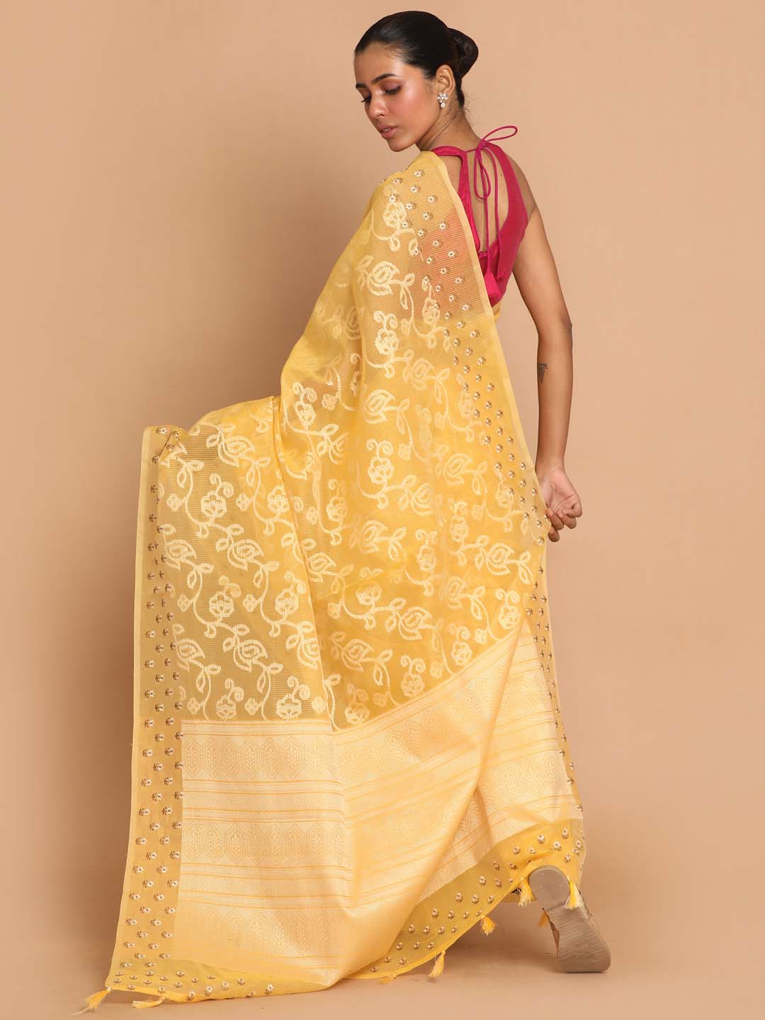 Indethnic Banarasi Yellow Woven Design Daily Wear Saree - View 3