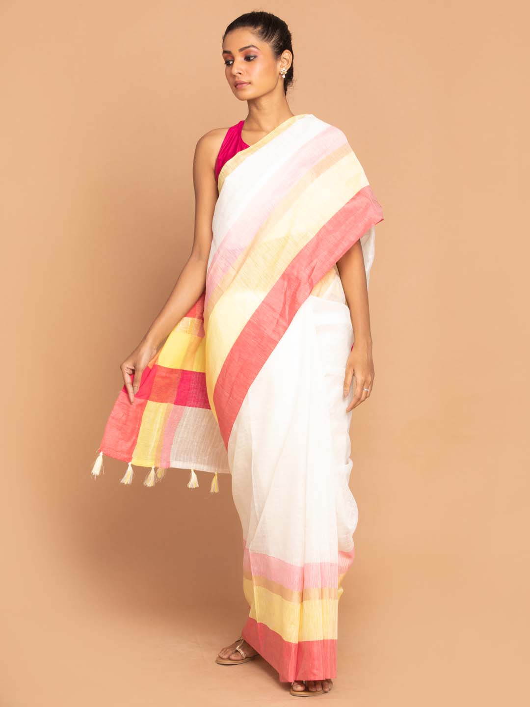 Indethnic Banarasi White Solid Work Wear Saree - View 1