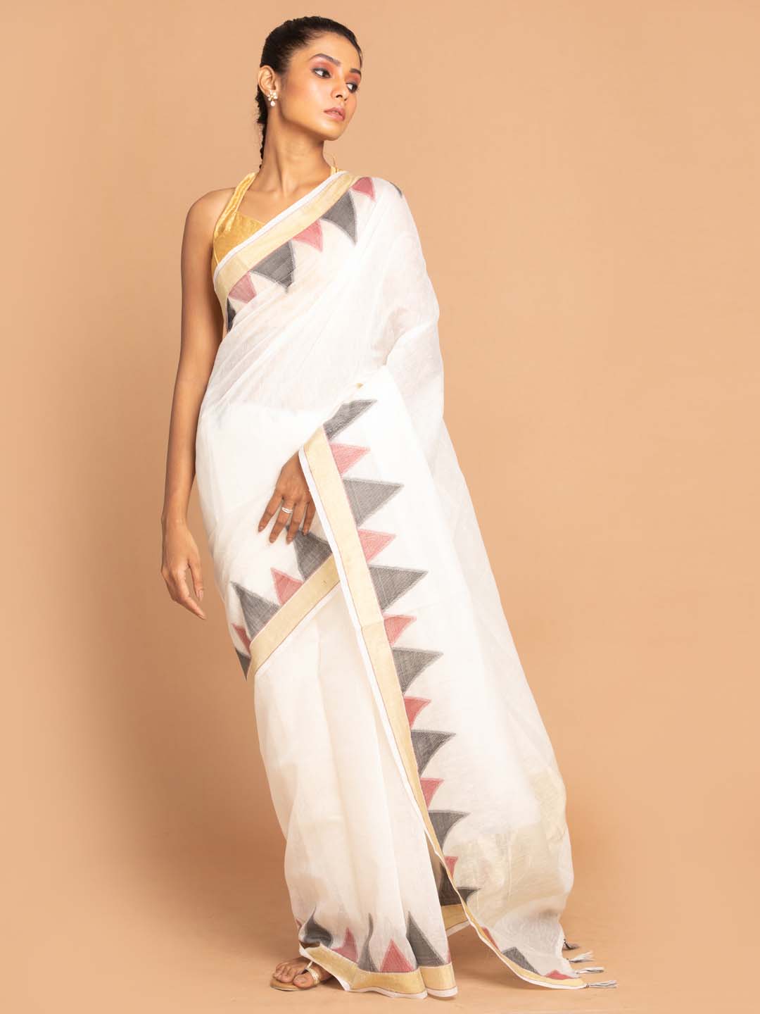 Indethnic Banarasi White Solid Work Wear Saree - View 1