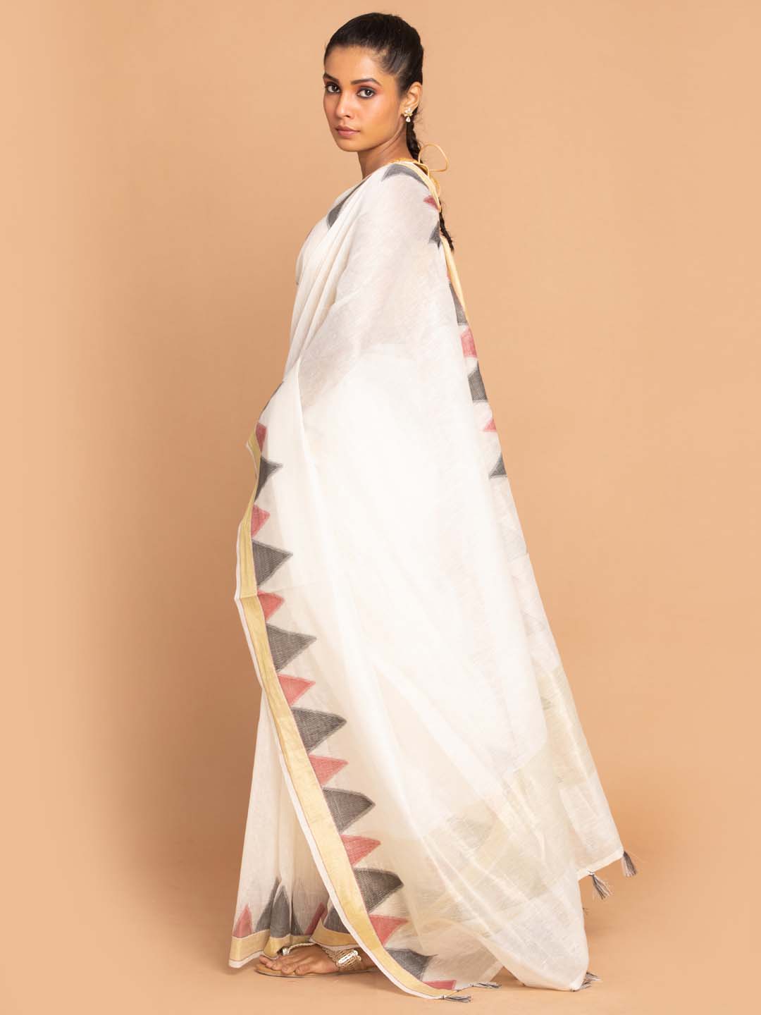 Indethnic Banarasi White Solid Work Wear Saree - View 2