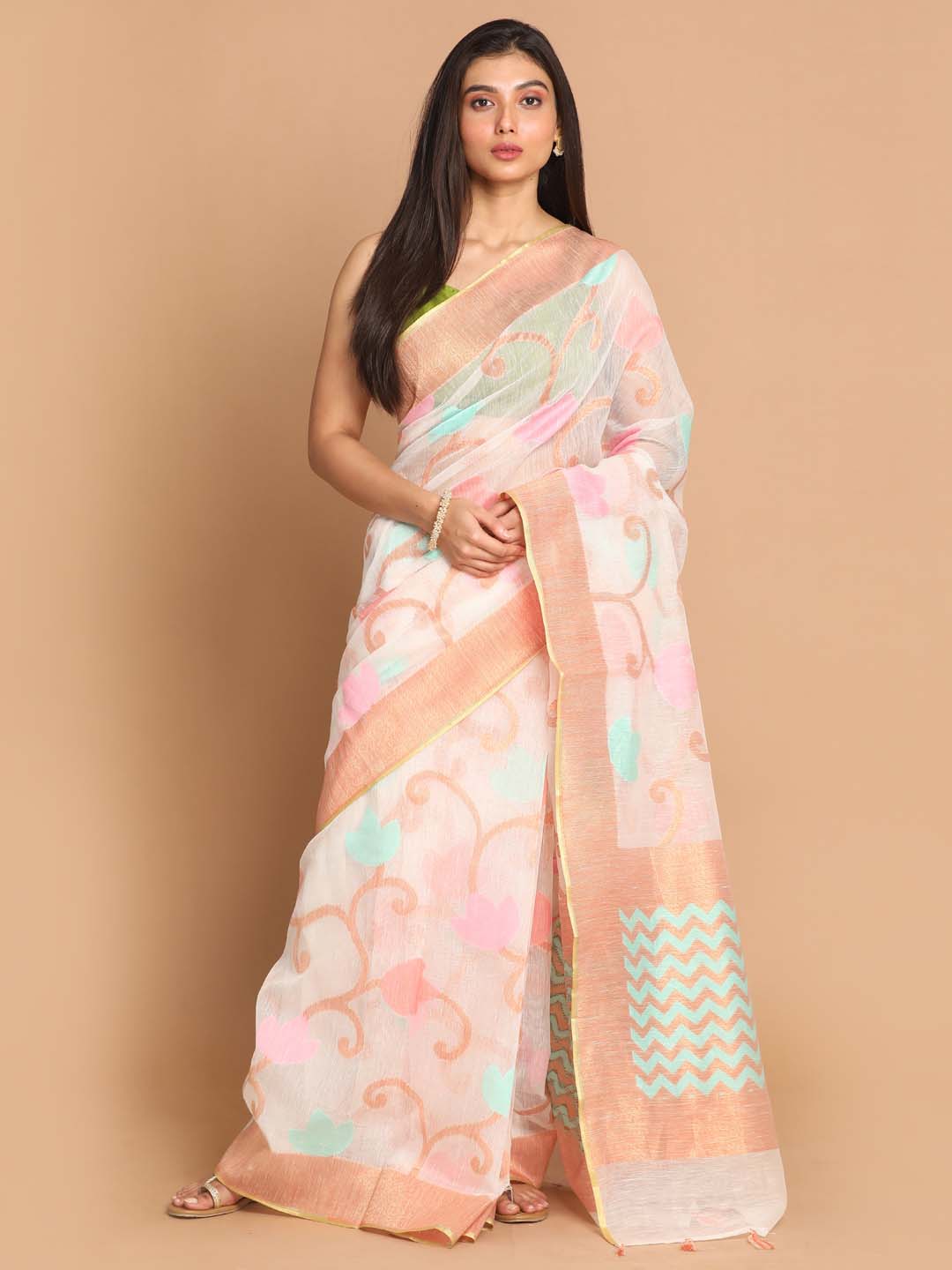 Indethnic Banarasi White Woven Design Work Wear Saree - View 1