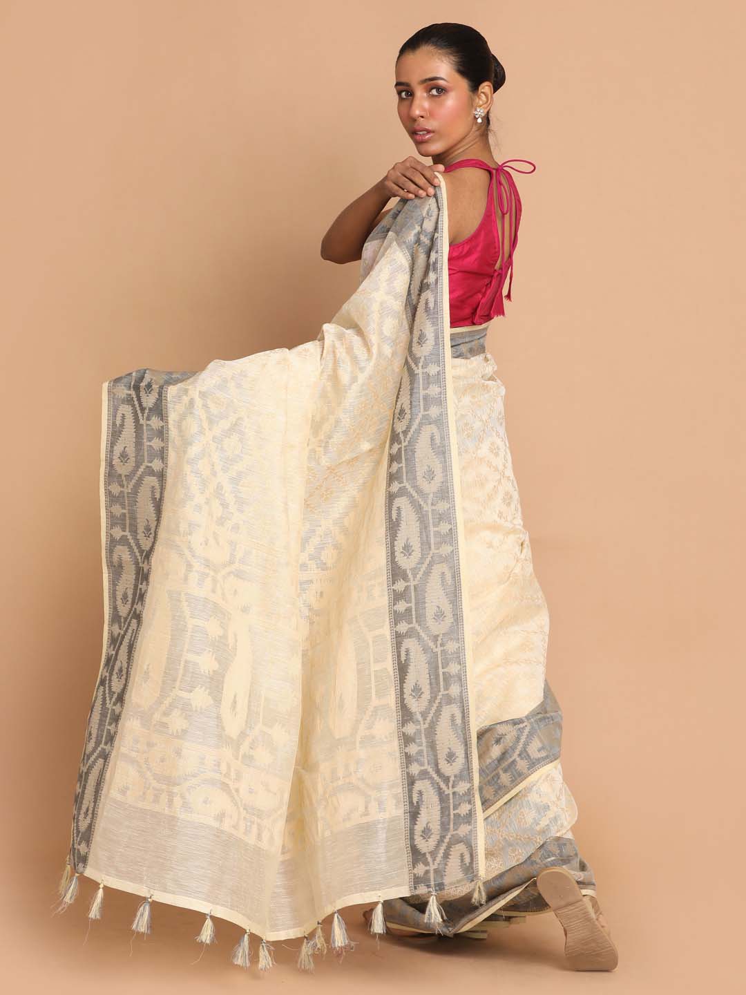 Indethnic Banarasi Beige Woven Design Work Wear Saree - View 3