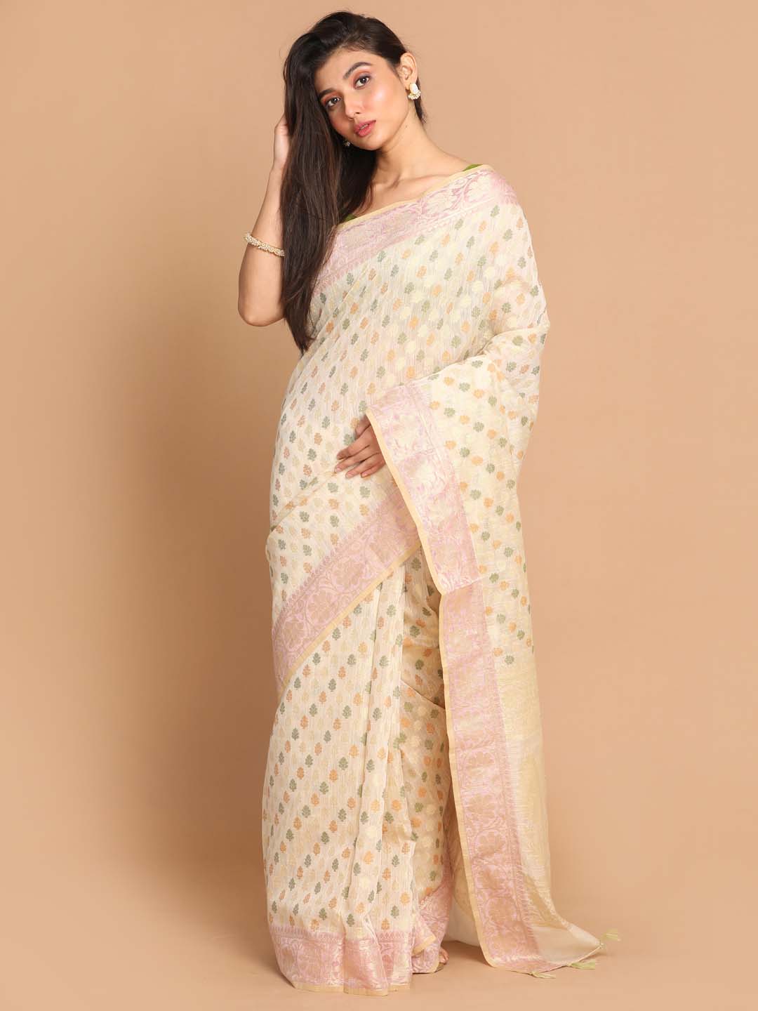 Indethnic Banarasi Beige Woven Design Work Wear Saree - View 2