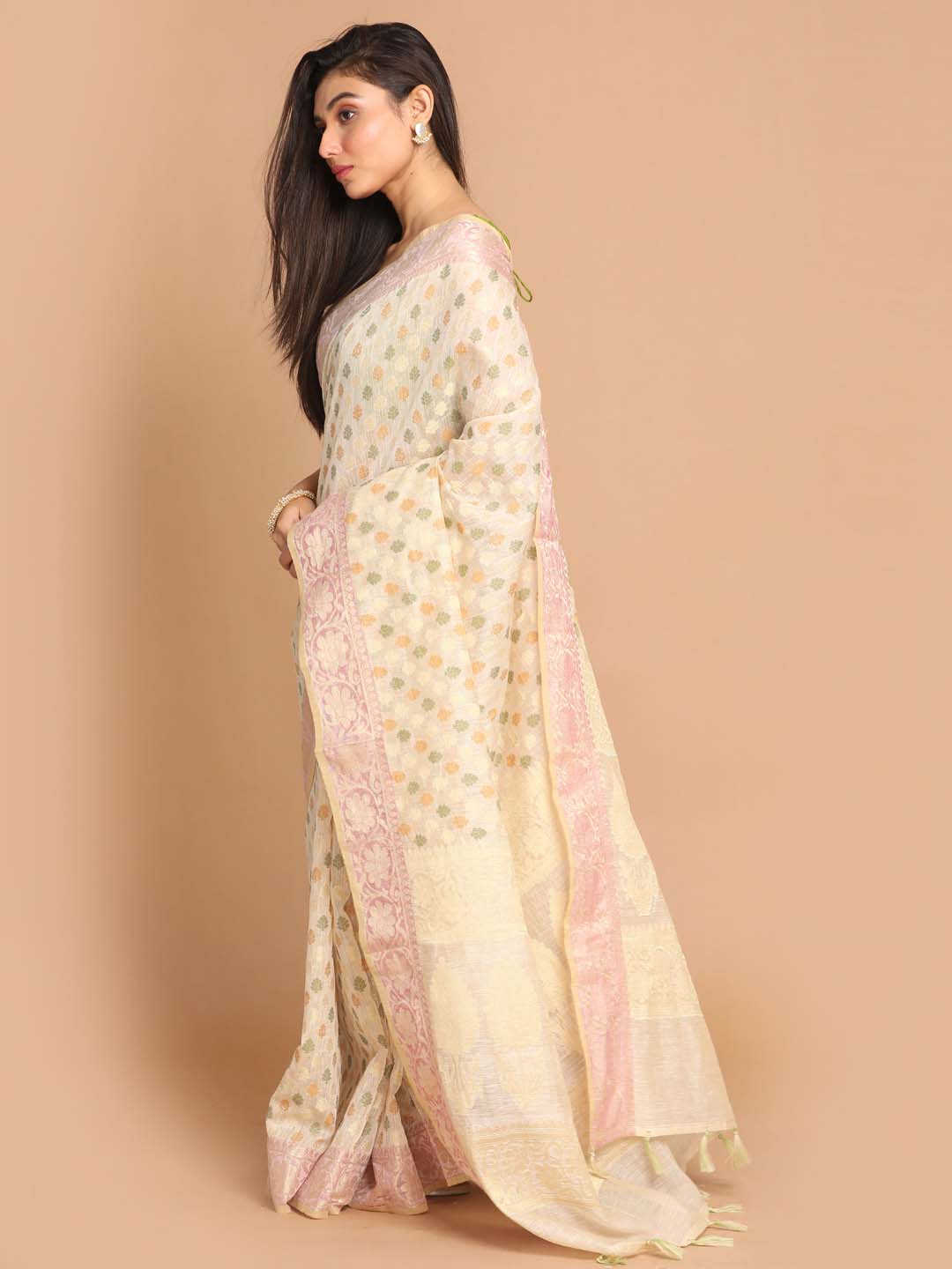 Indethnic Banarasi Beige Woven Design Work Wear Saree - Saree Detail View