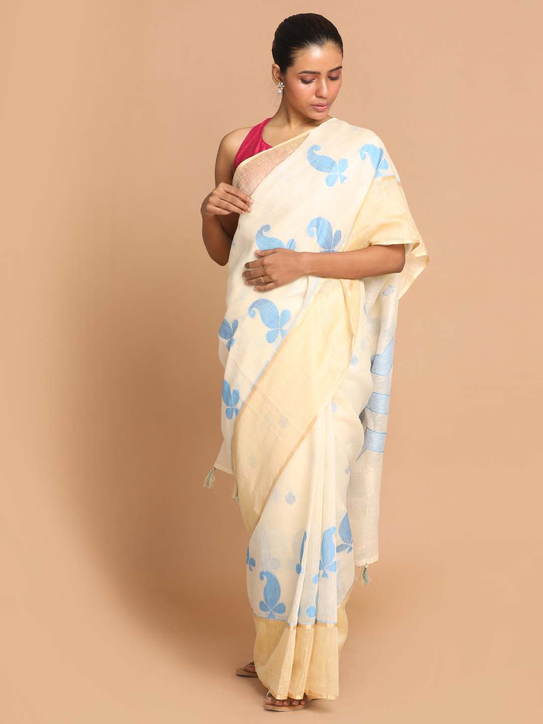 Indethnic Banarasi Blue Solid Work Wear Saree - View 1