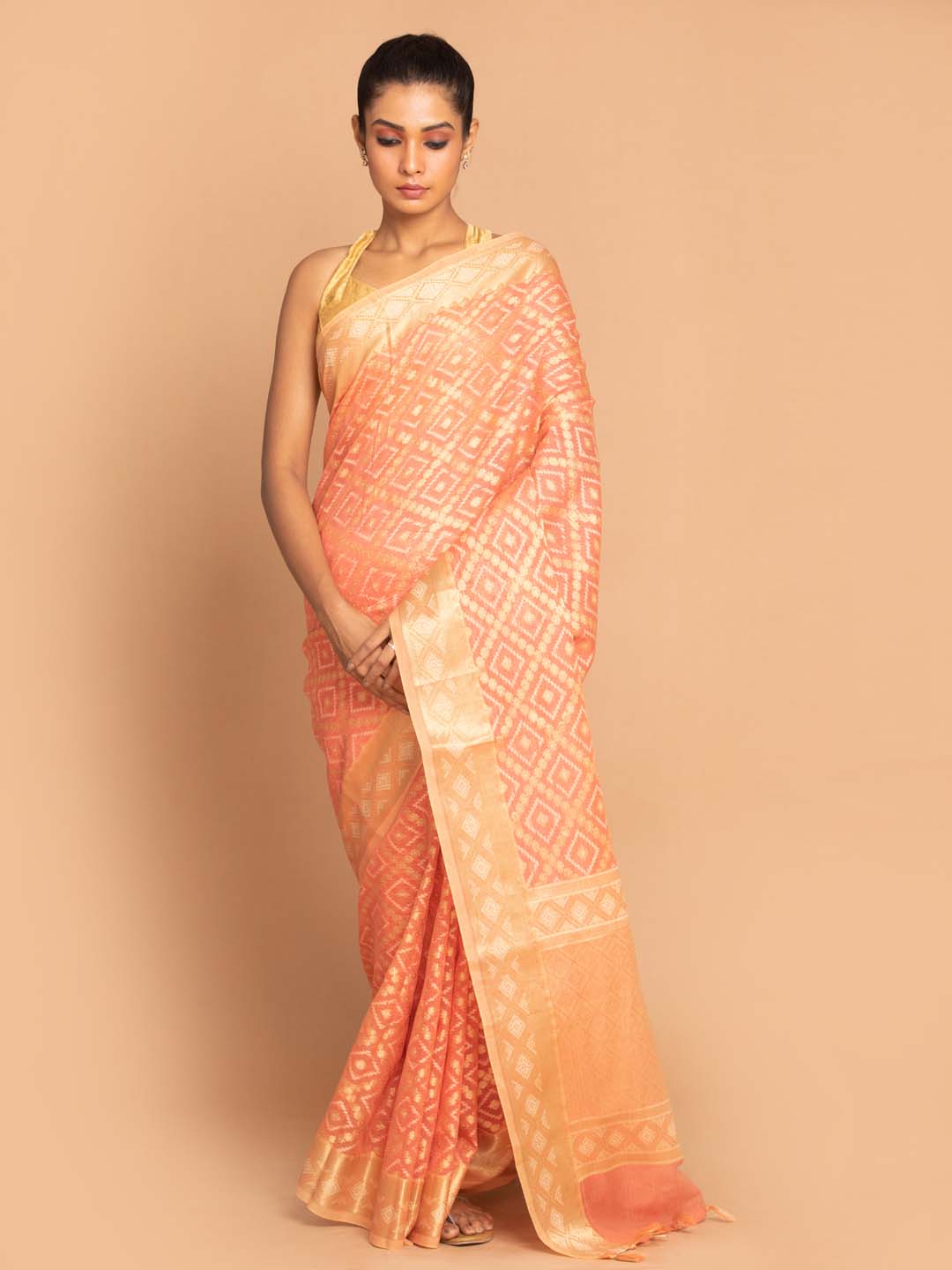 Indethnic Banarasi CORAL Woven Design Work Wear Saree - View 1