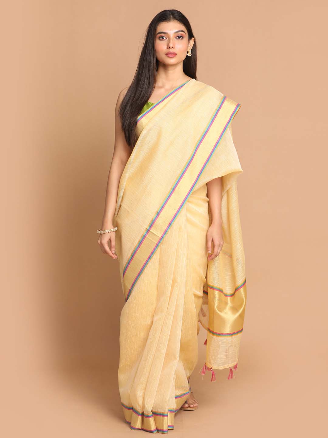 Indethnic Banarasi Gold Solid Work Wear Saree - View 1