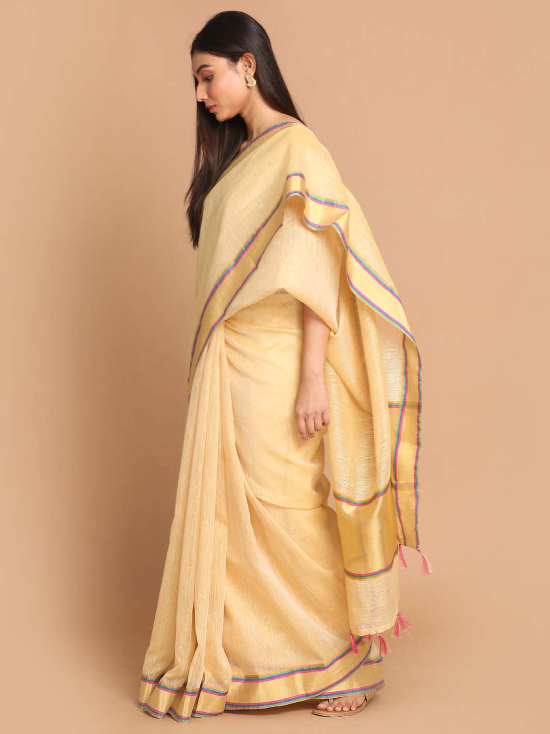 Indethnic Banarasi Gold Solid Work Wear Saree - View 2