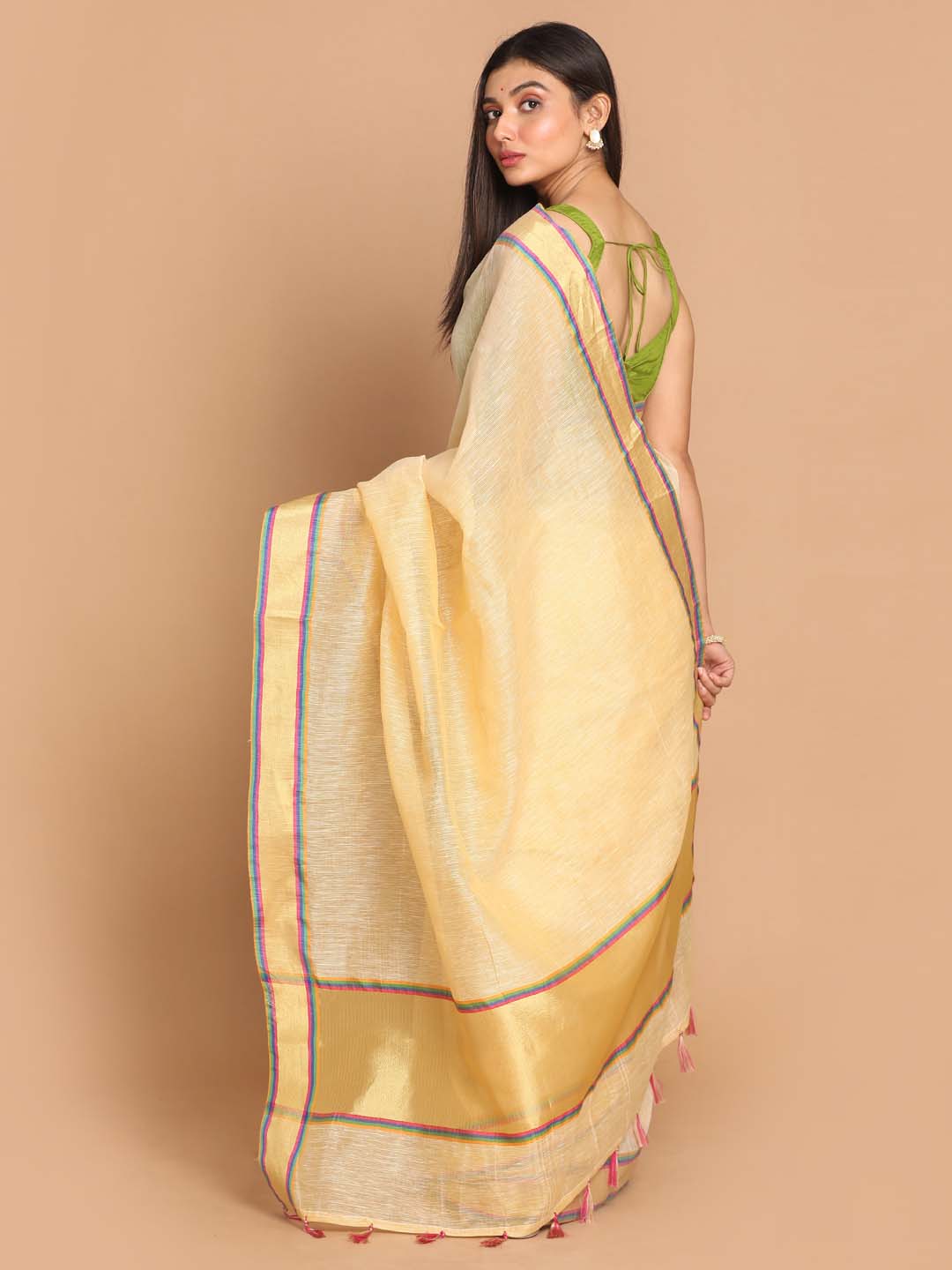 Indethnic Banarasi Gold Solid Work Wear Saree - View 3