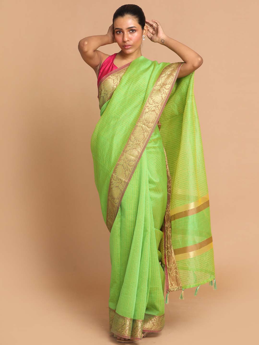 Indethnic Banarasi Green Solid Work Wear Saree - View 1