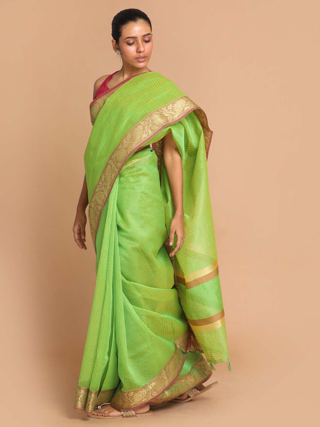 Indethnic Banarasi Green Solid Work Wear Saree - View 2