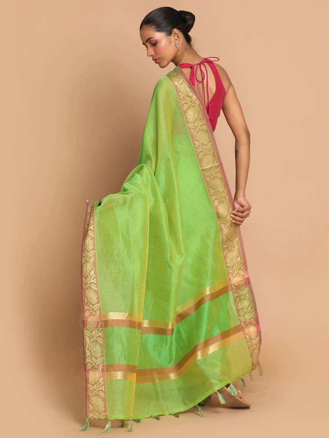 Indethnic Banarasi Green Solid Work Wear Saree - View 3