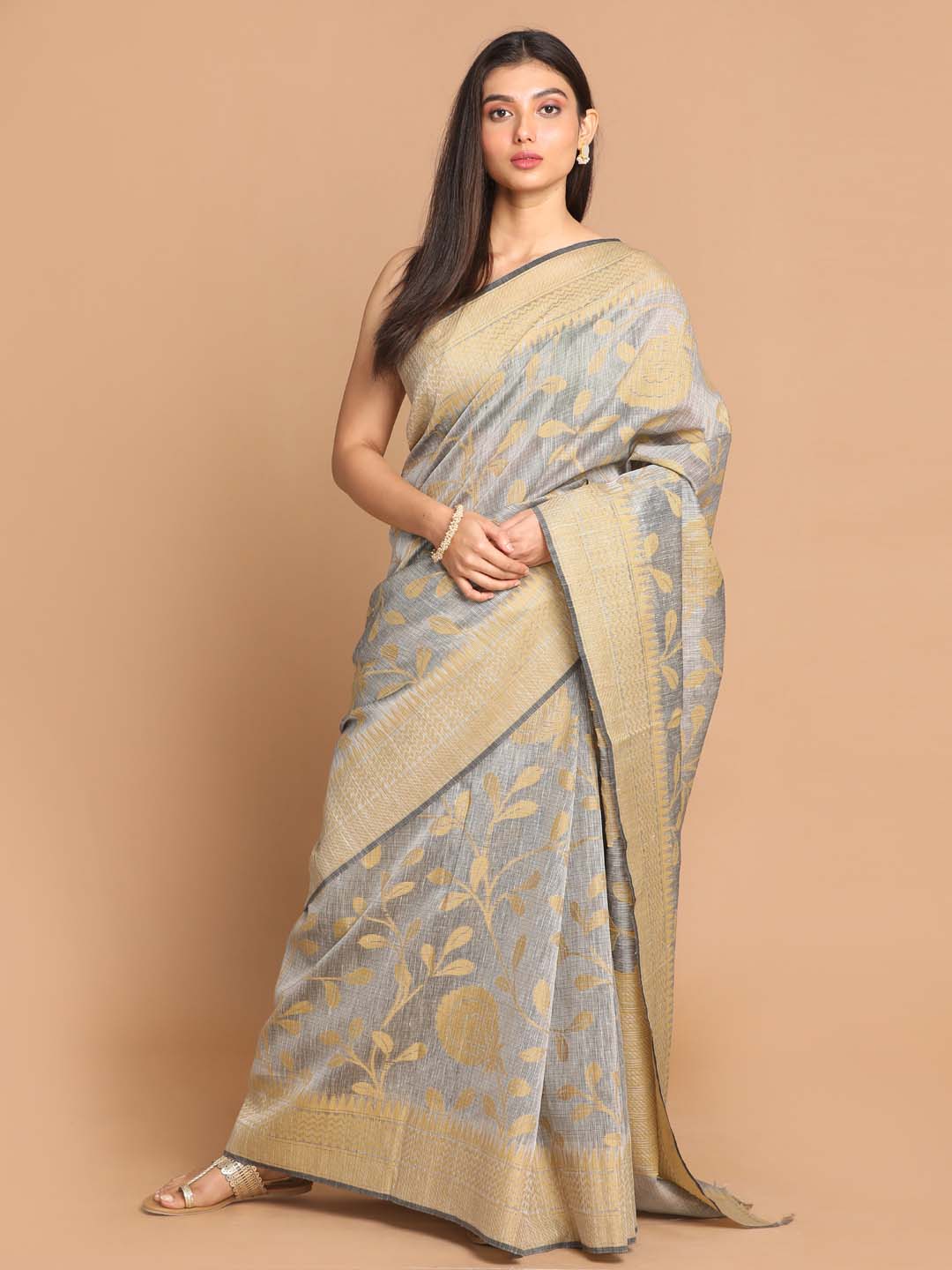 Indethnic Banarasi Grey Woven Design Work Wear Saree - View 1