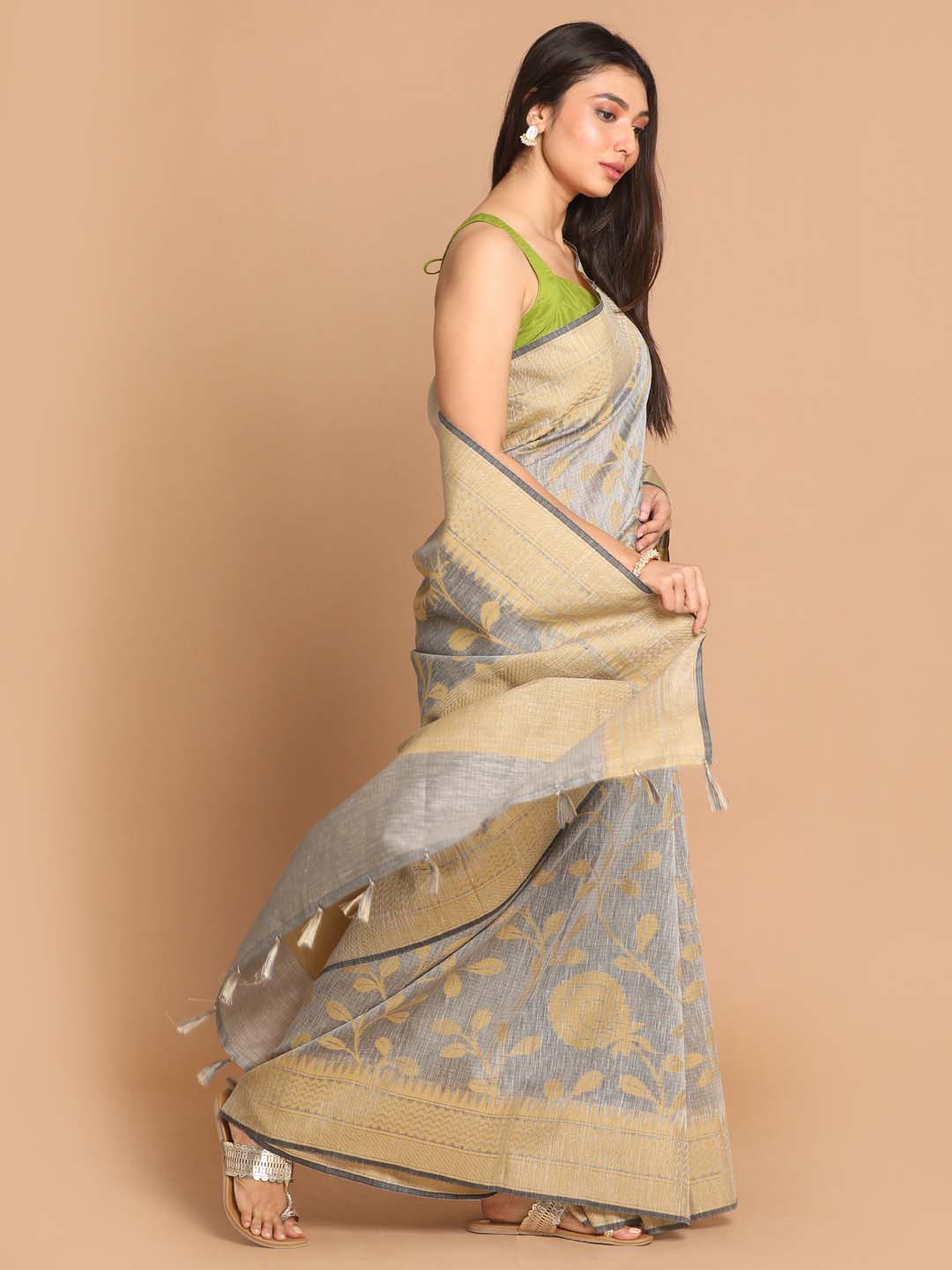 Indethnic Banarasi Grey Woven Design Work Wear Saree - View 1