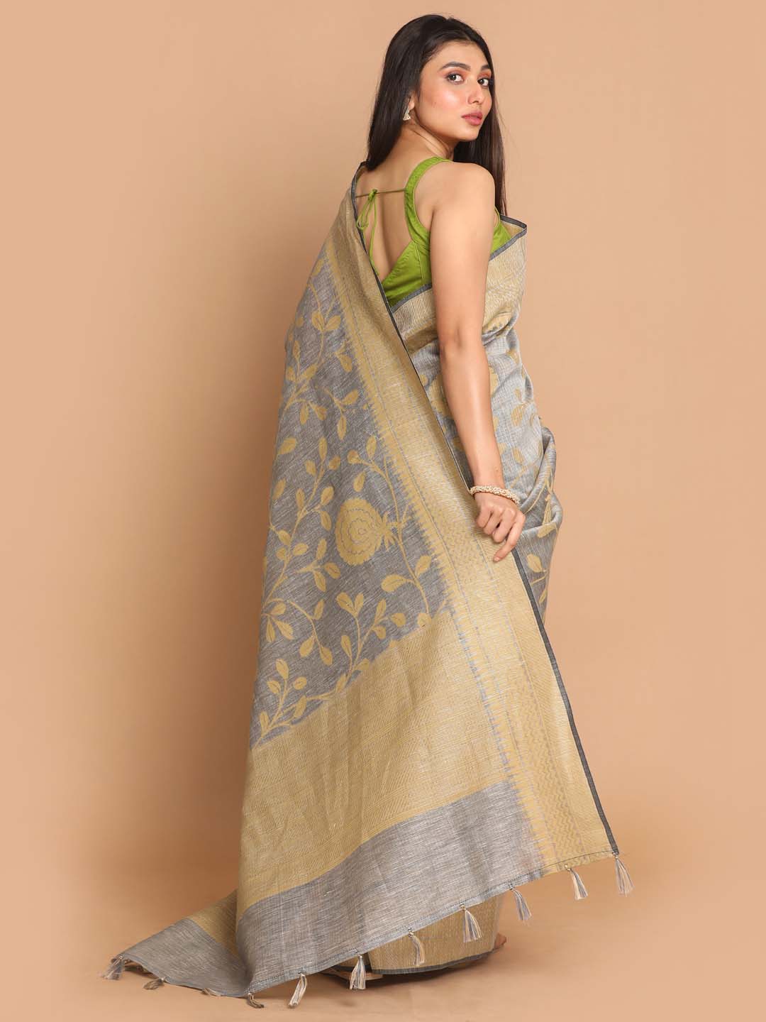 Indethnic Banarasi Grey Woven Design Work Wear Saree - View 3