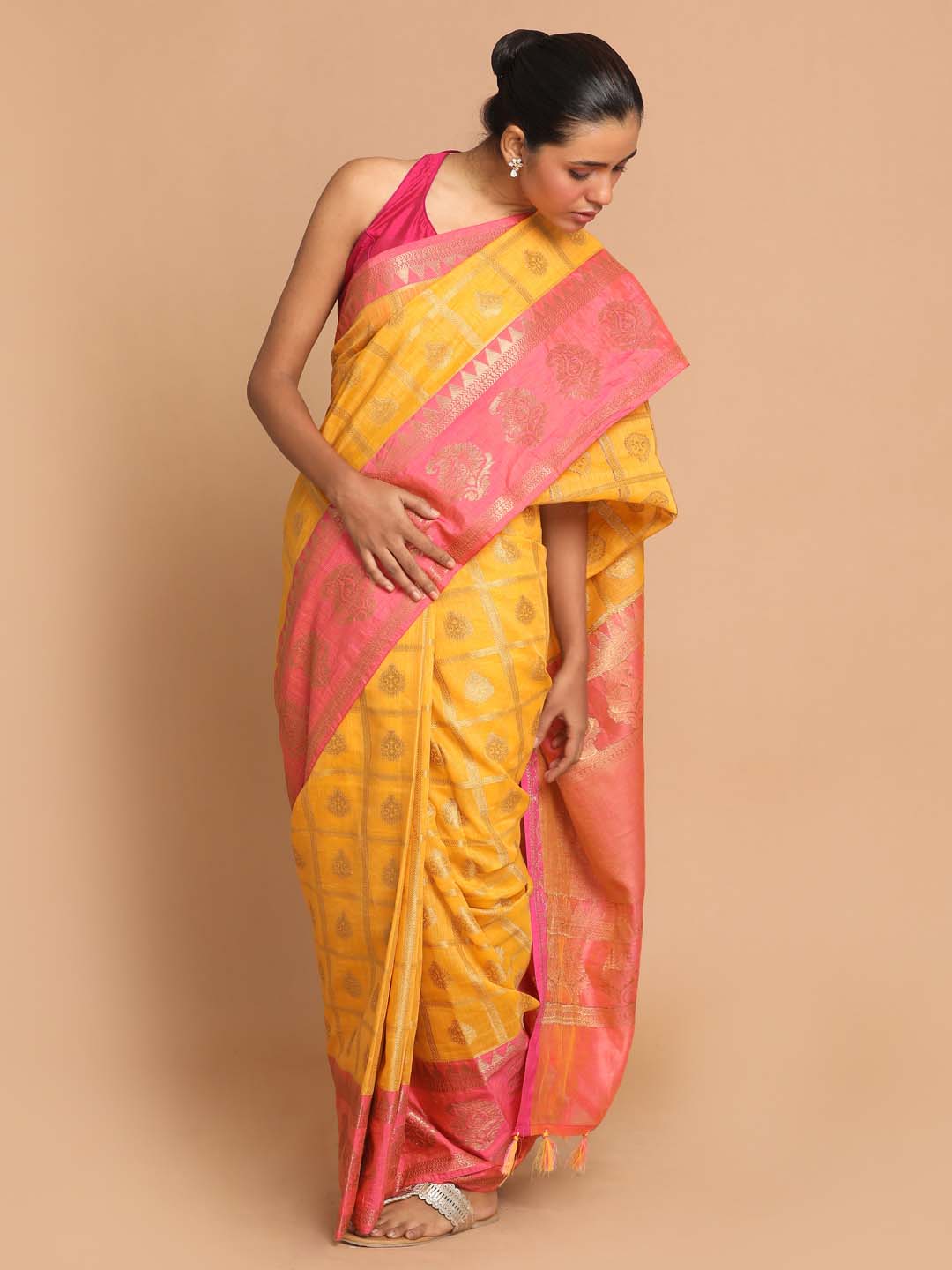 Indethnic Banarasi Mustard Woven Design Work Wear Saree - View 1