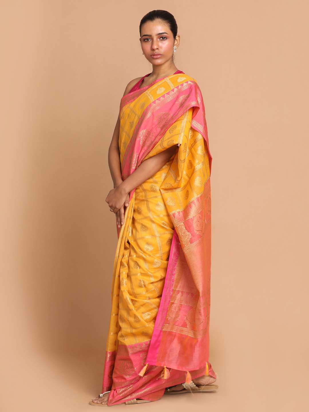 Indethnic Banarasi Mustard Woven Design Work Wear Saree - View 1