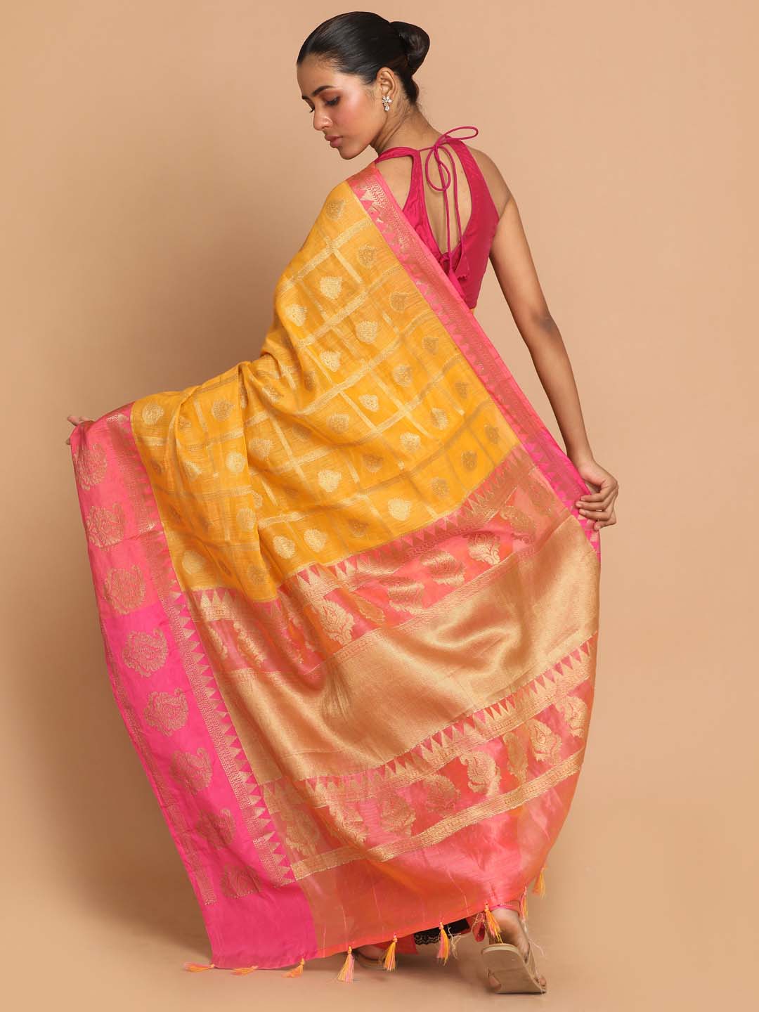 Indethnic Banarasi Mustard Woven Design Work Wear Saree - View 3