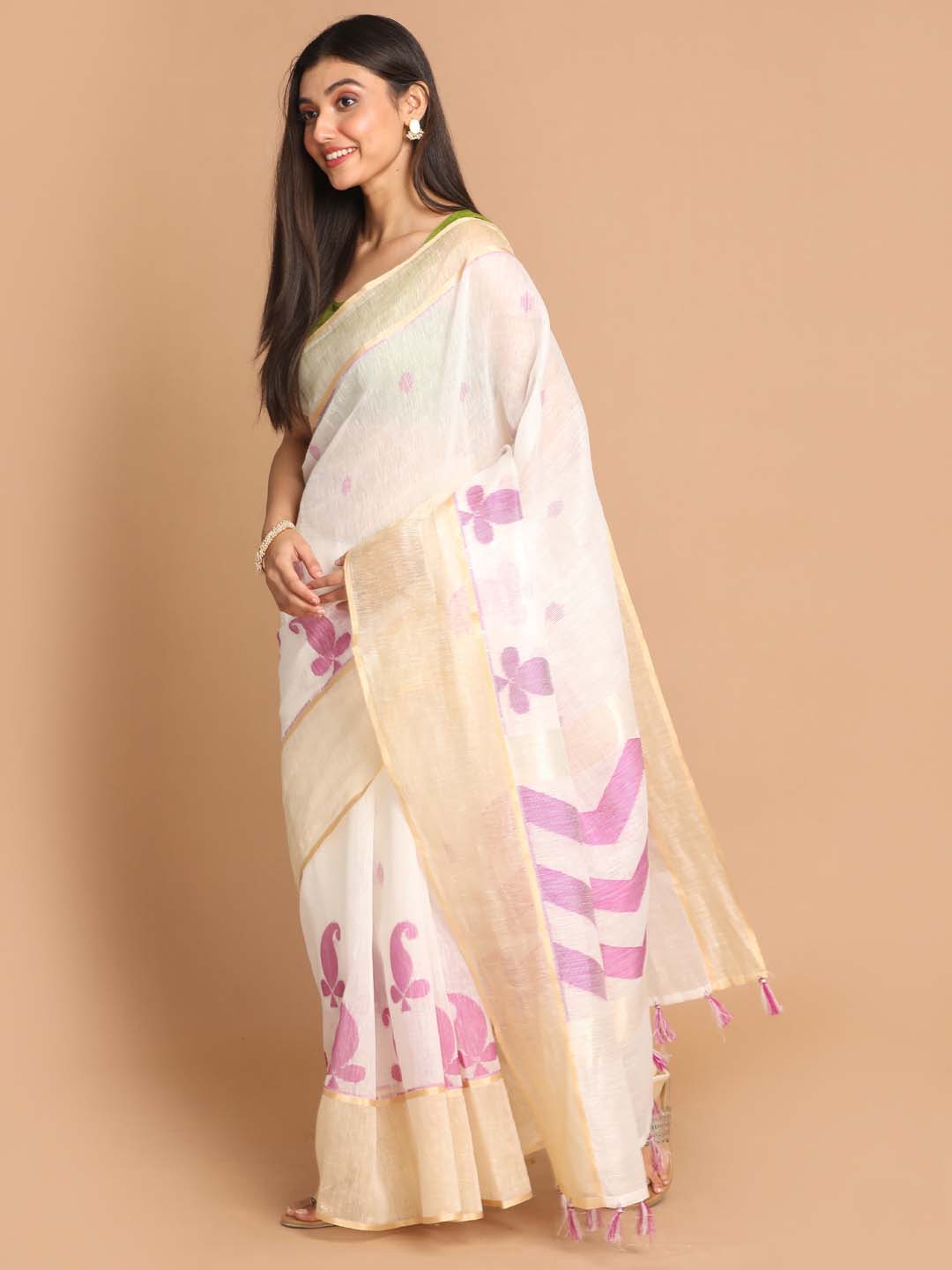 Indethnic Banarasi Purple Solid Work Wear Saree - View 2