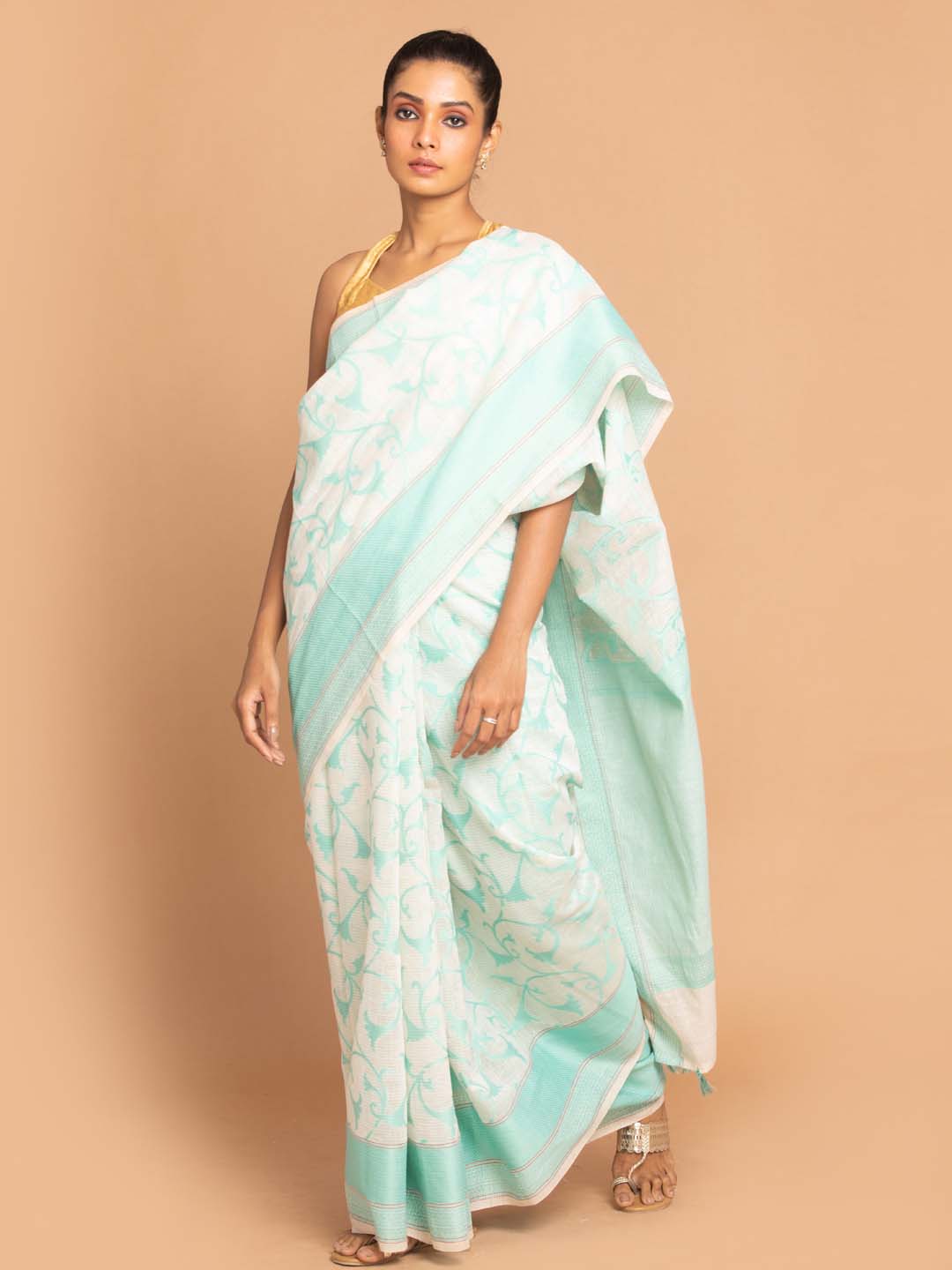 Indethnic Banarasi Sea Green Woven Design Work Wear Saree - View 1