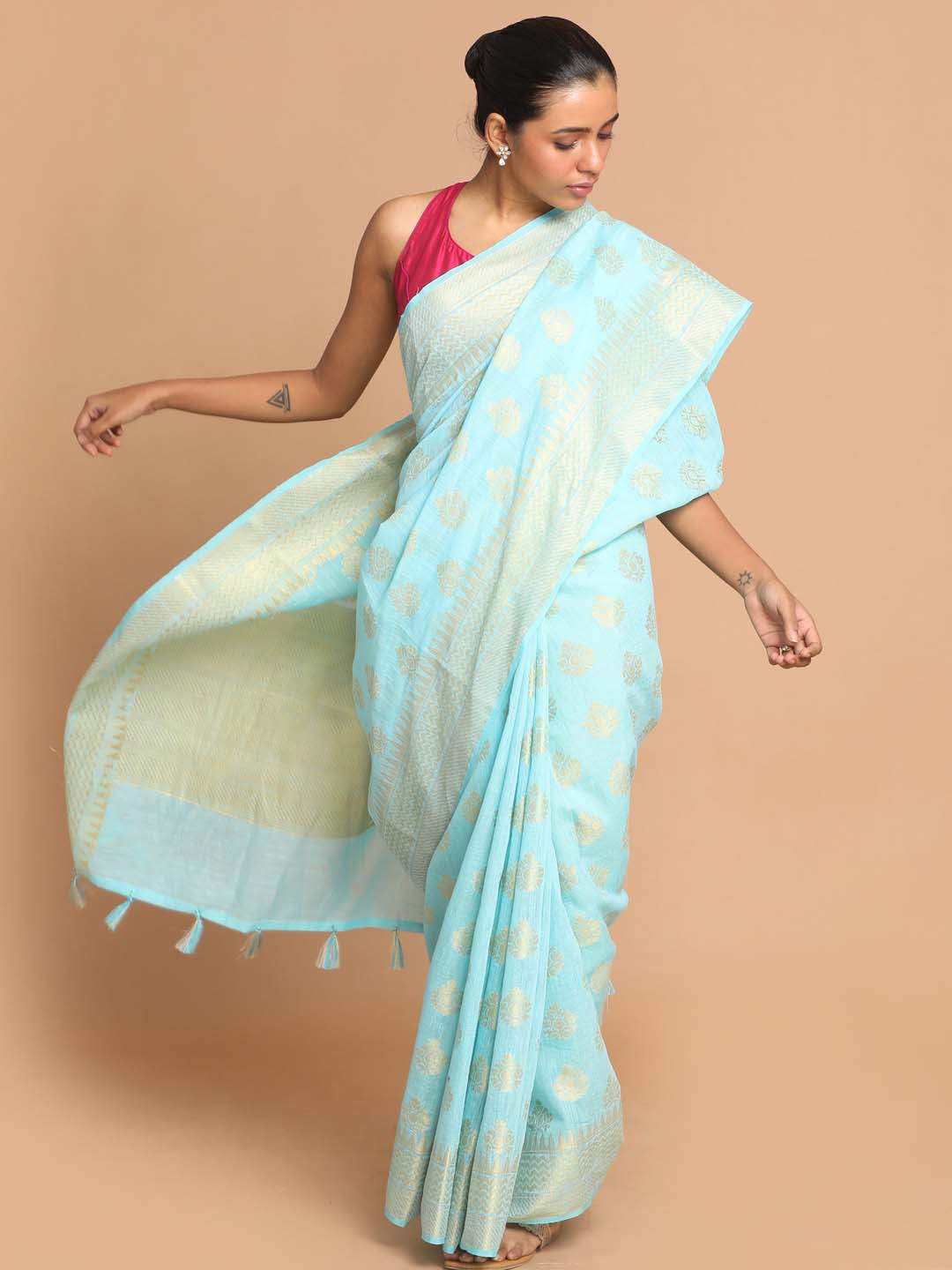 Indethnic Banarasi Turquoise Blue Woven Design Work Wear Saree - View 1