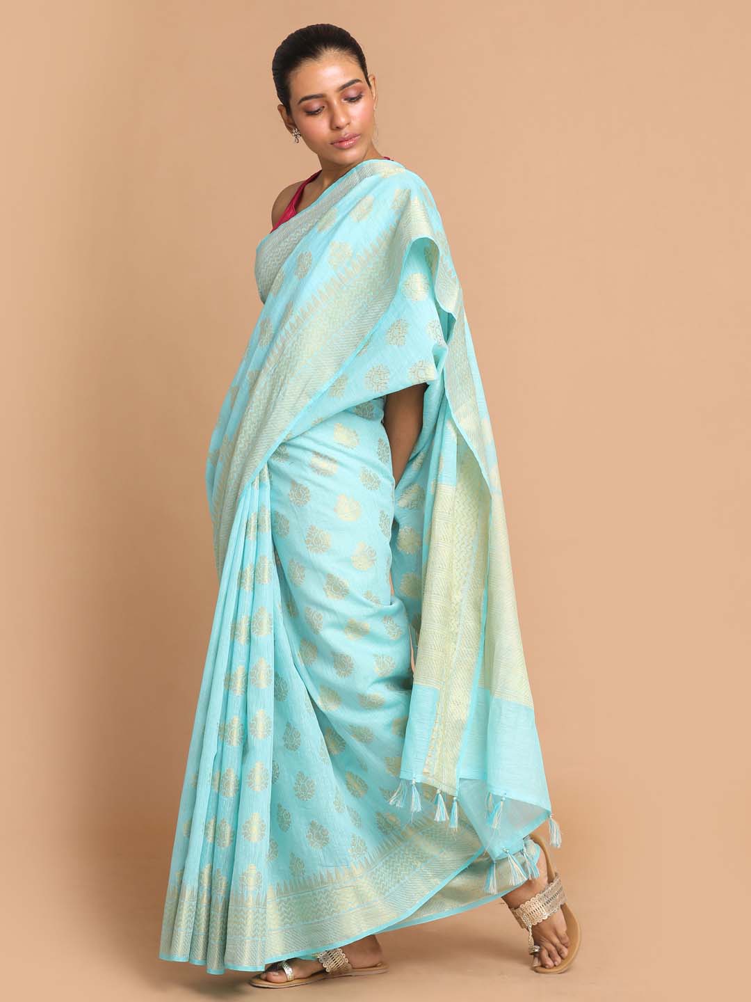 Indethnic Banarasi Turquoise Blue Woven Design Work Wear Saree - View 2