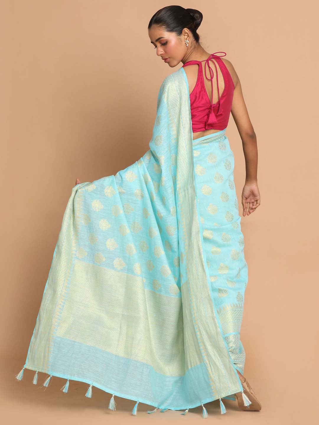 Indethnic Banarasi Turquoise Blue Woven Design Work Wear Saree - View 3