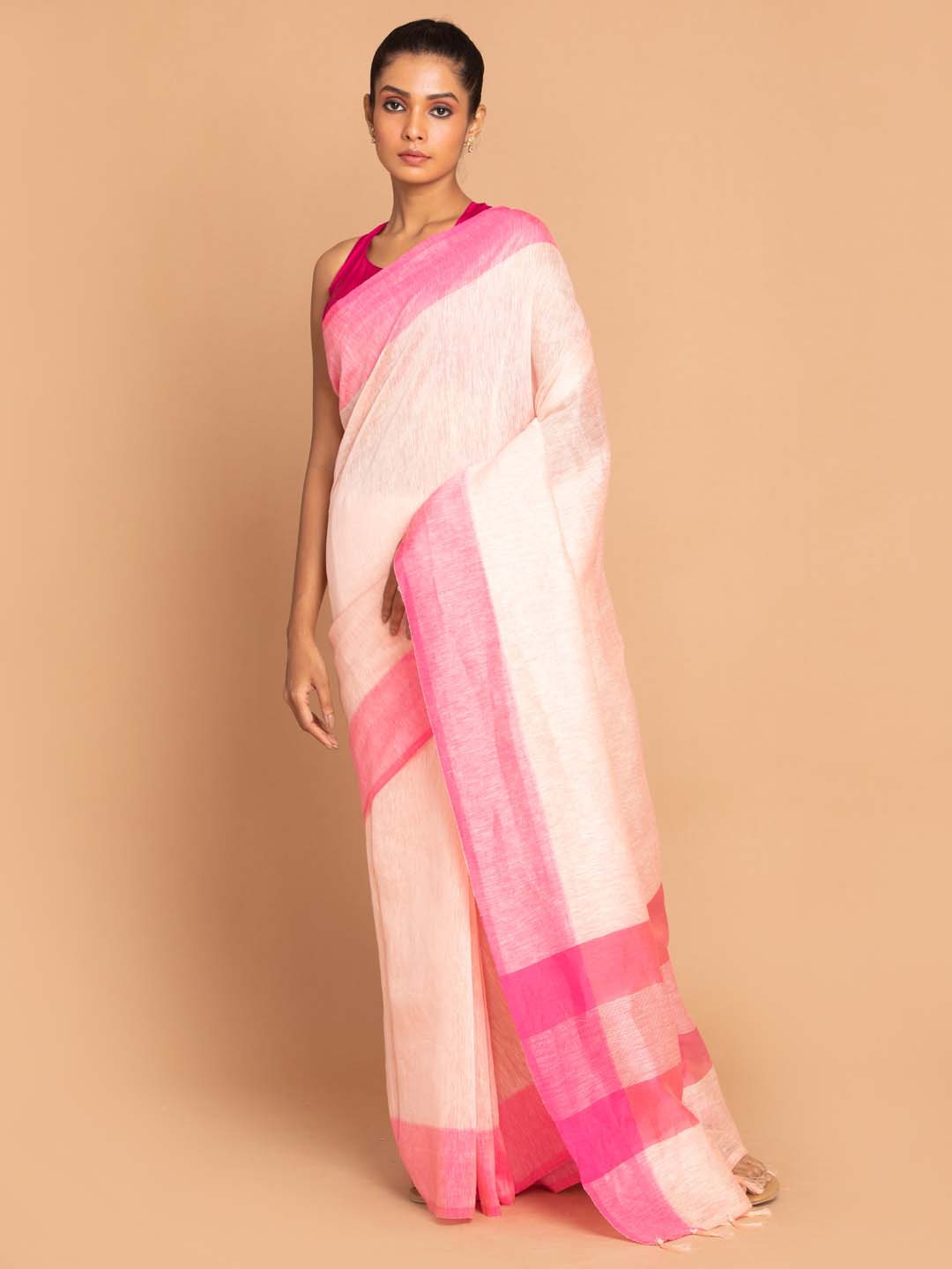 Indethnic Banarasi Pink Solid Work Wear Saree - View 1