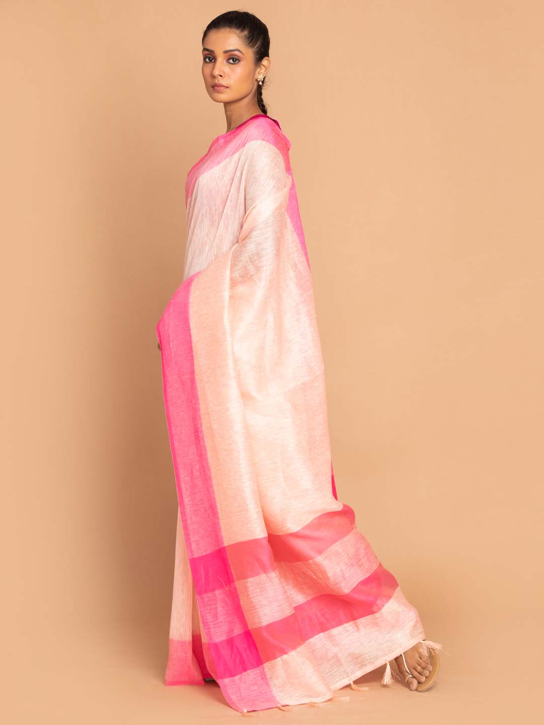 Indethnic Banarasi Pink Solid Work Wear Saree - View 2