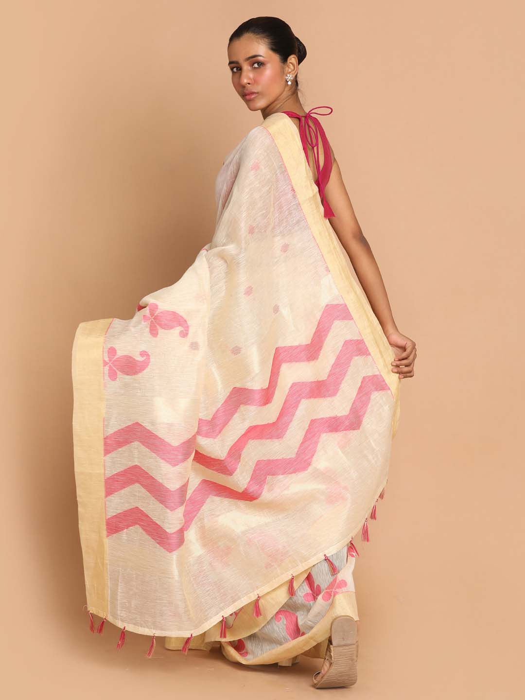 Indethnic Banarasi Pink Woven Design Work Wear Saree - View 3