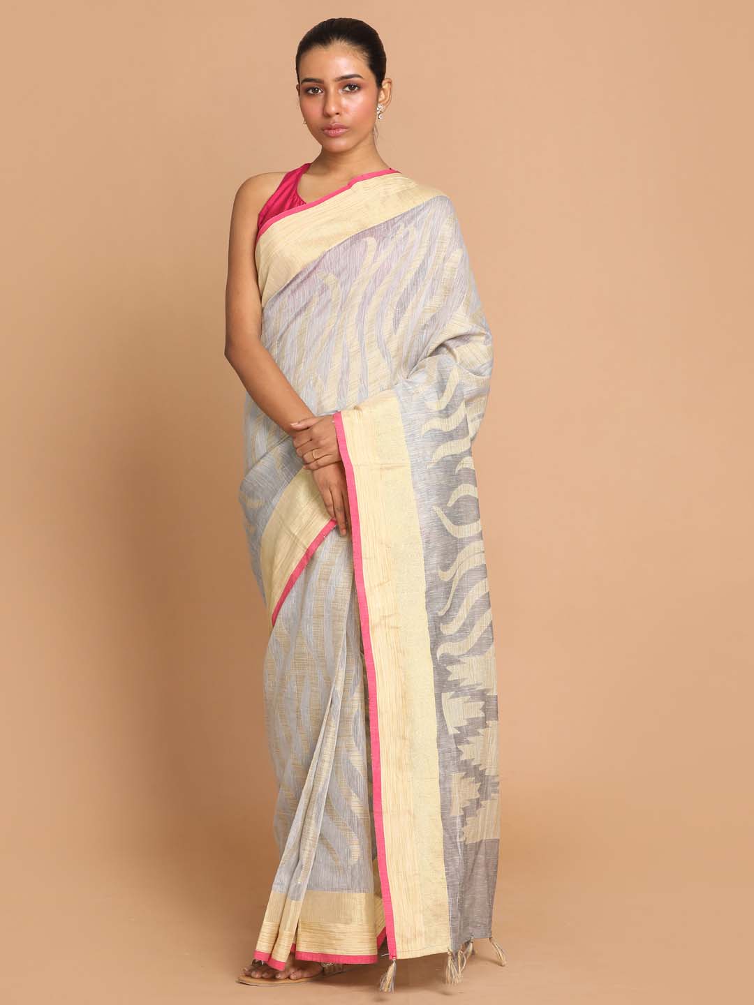 Indethnic Banarasi Steel Grey Woven Design Work Wear Saree - View 2