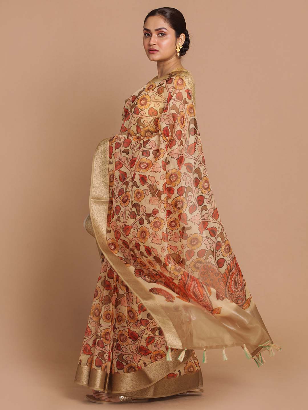 Indethnic Banarasi Beige Printed Party Wear Saree - View 1