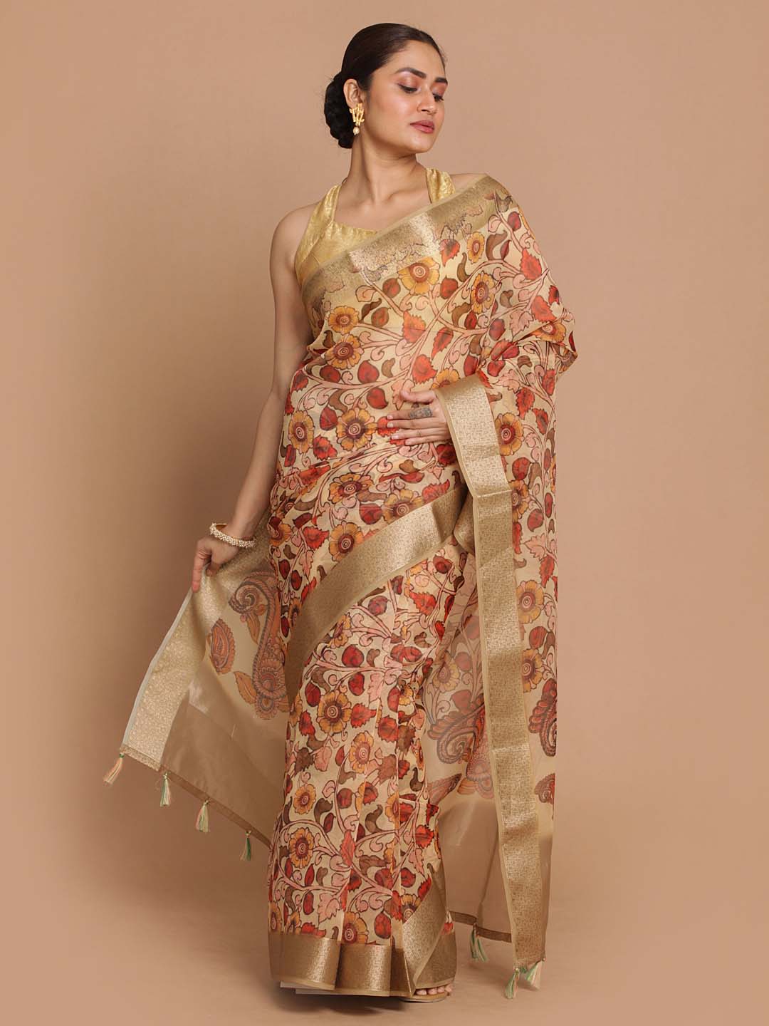 Indethnic Banarasi Beige Printed Party Wear Saree - View 2