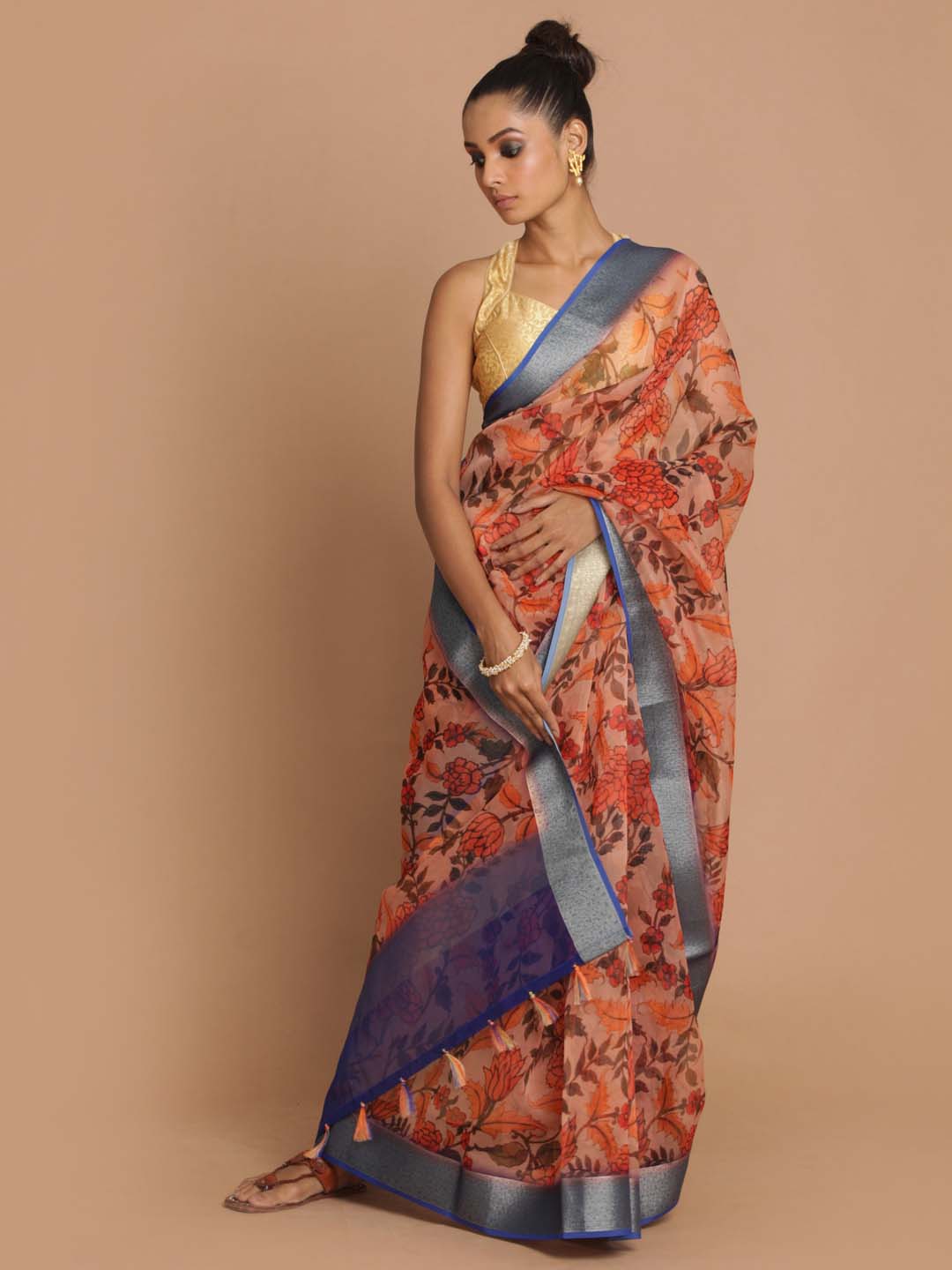 Indethnic Banarasi Beige Printed Party Wear Saree - View 1