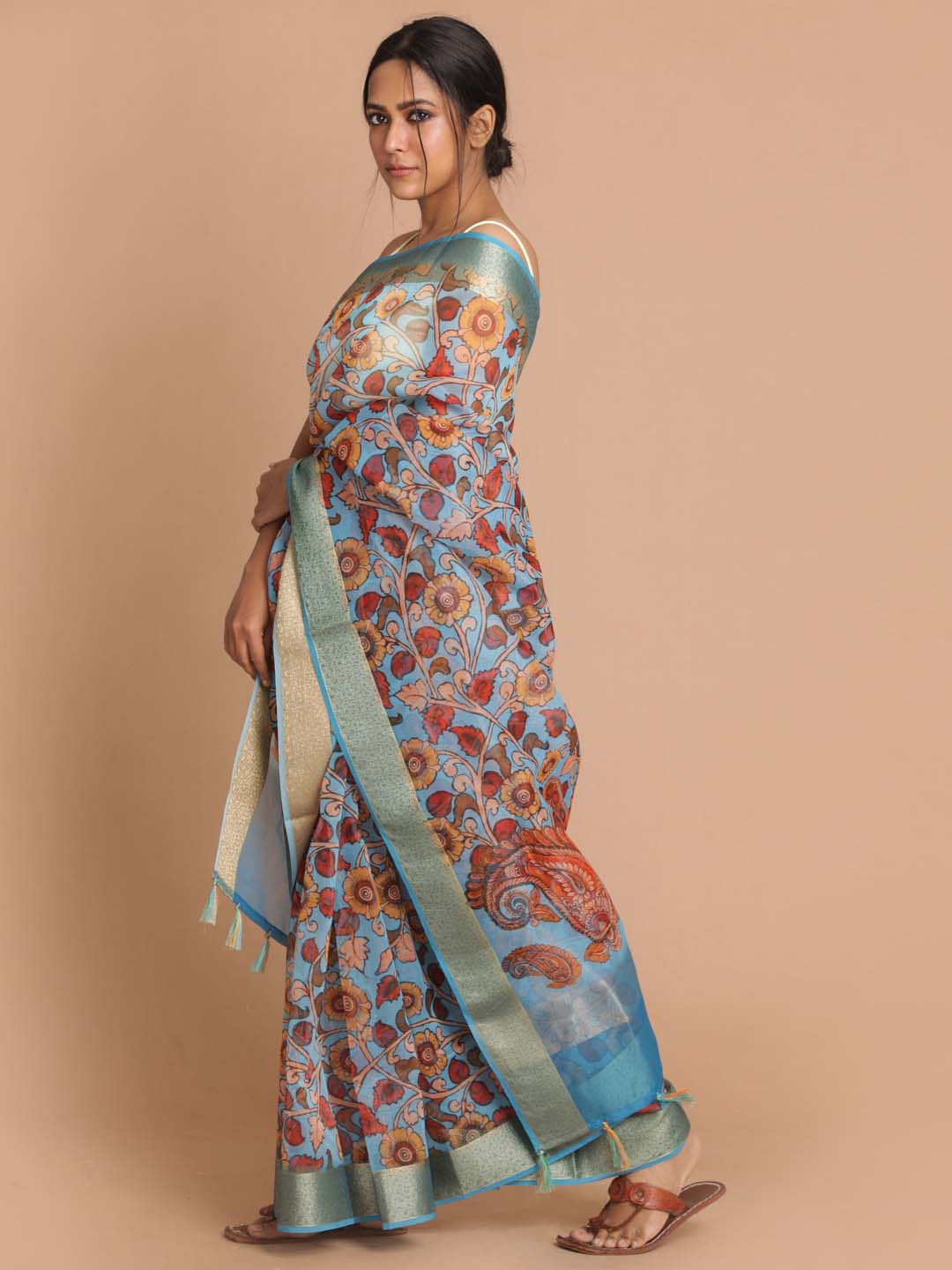 Indethnic Banarasi Blue Printed Party Wear Saree - View 2