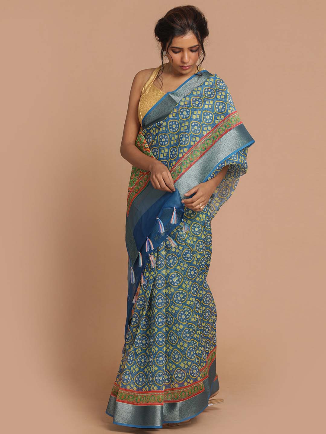 Indethnic Banarasi Blue Printed Party Wear Saree - View 1