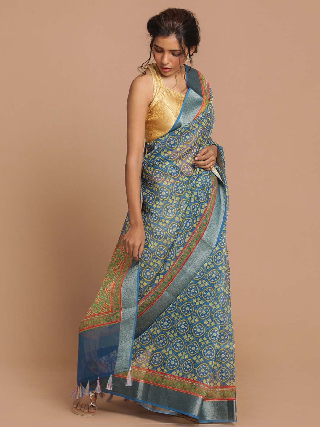 Indethnic Banarasi Blue Printed Party Wear Saree - View 2