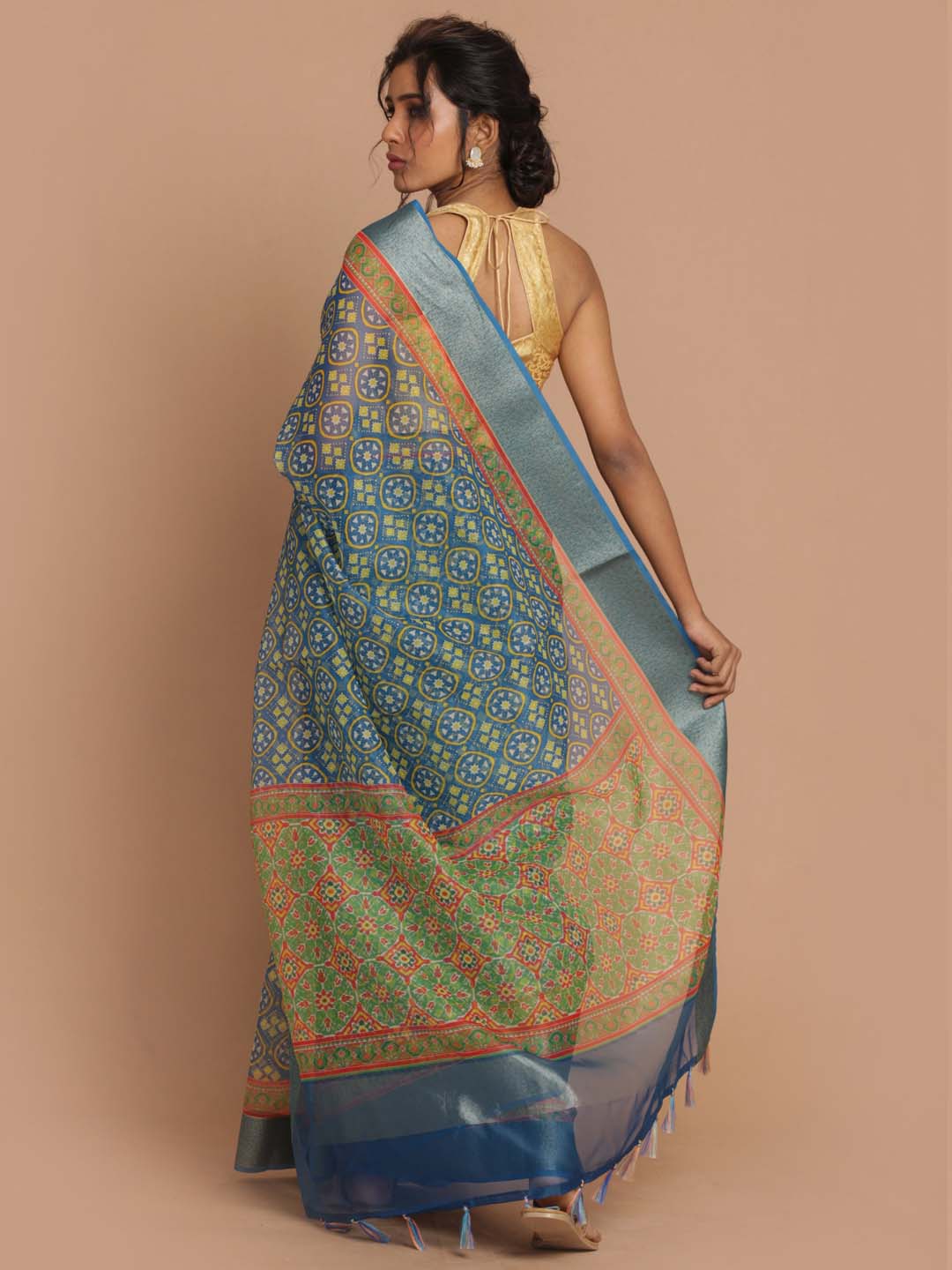 Indethnic Banarasi Blue Printed Party Wear Saree - View 3